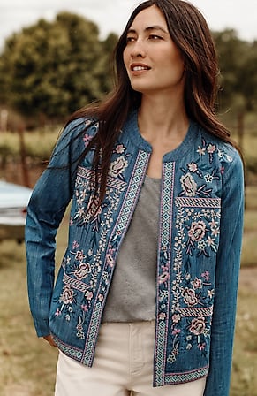 Image for Embroidered Indigo Open-Front Jacket