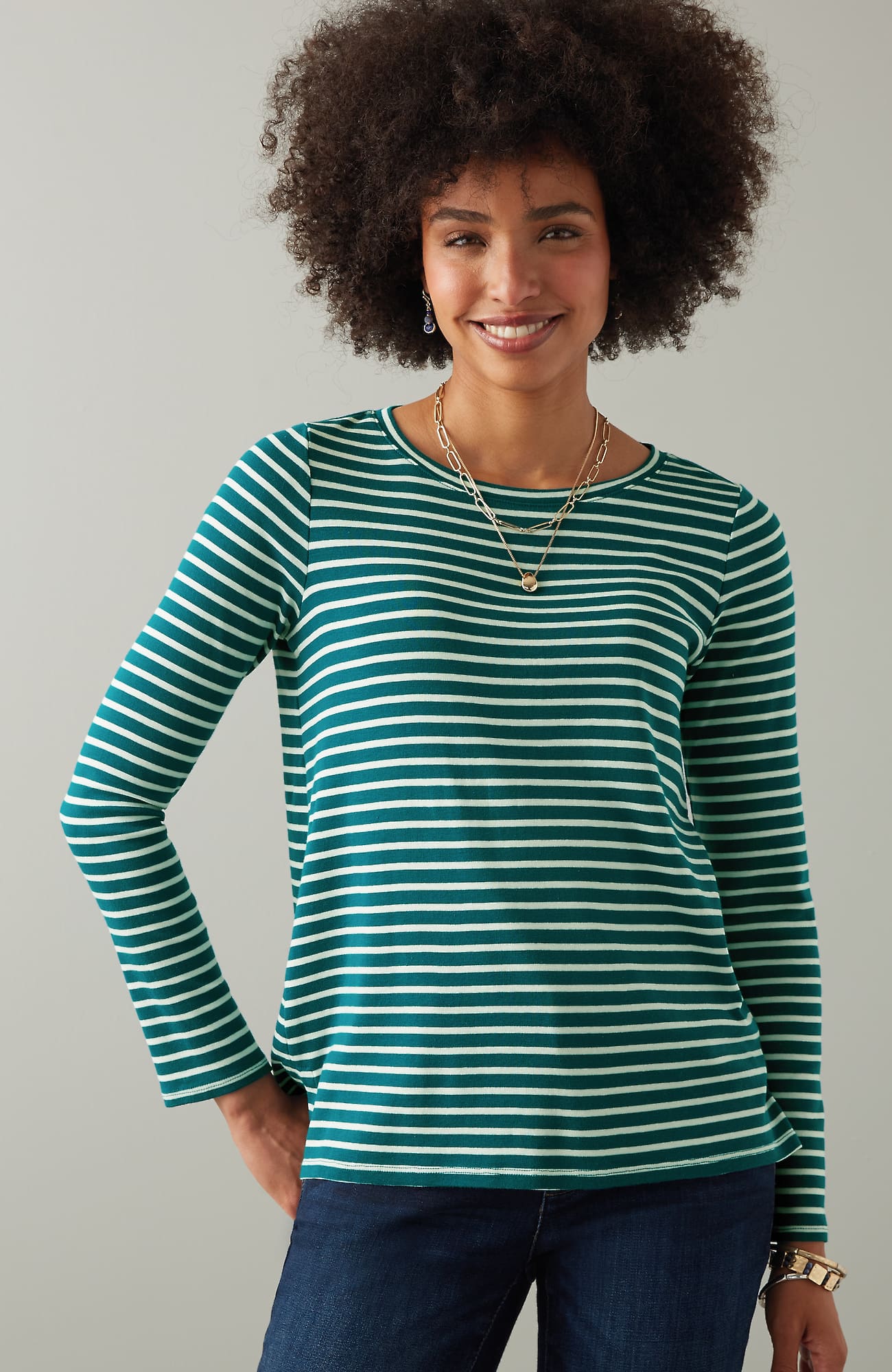 Jjill J.jill Long-sleeve Pima Crew-neck Tee In Oceanside,cream