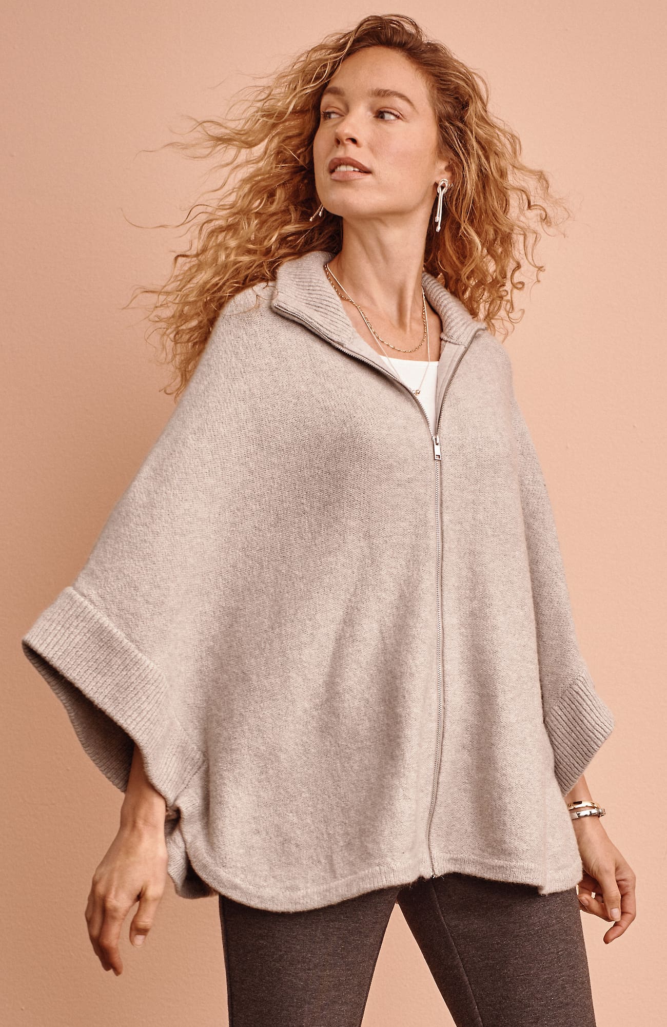 Jjill J.jill Jacquard-knit Zip-up Poncho In Warm Grey Melange