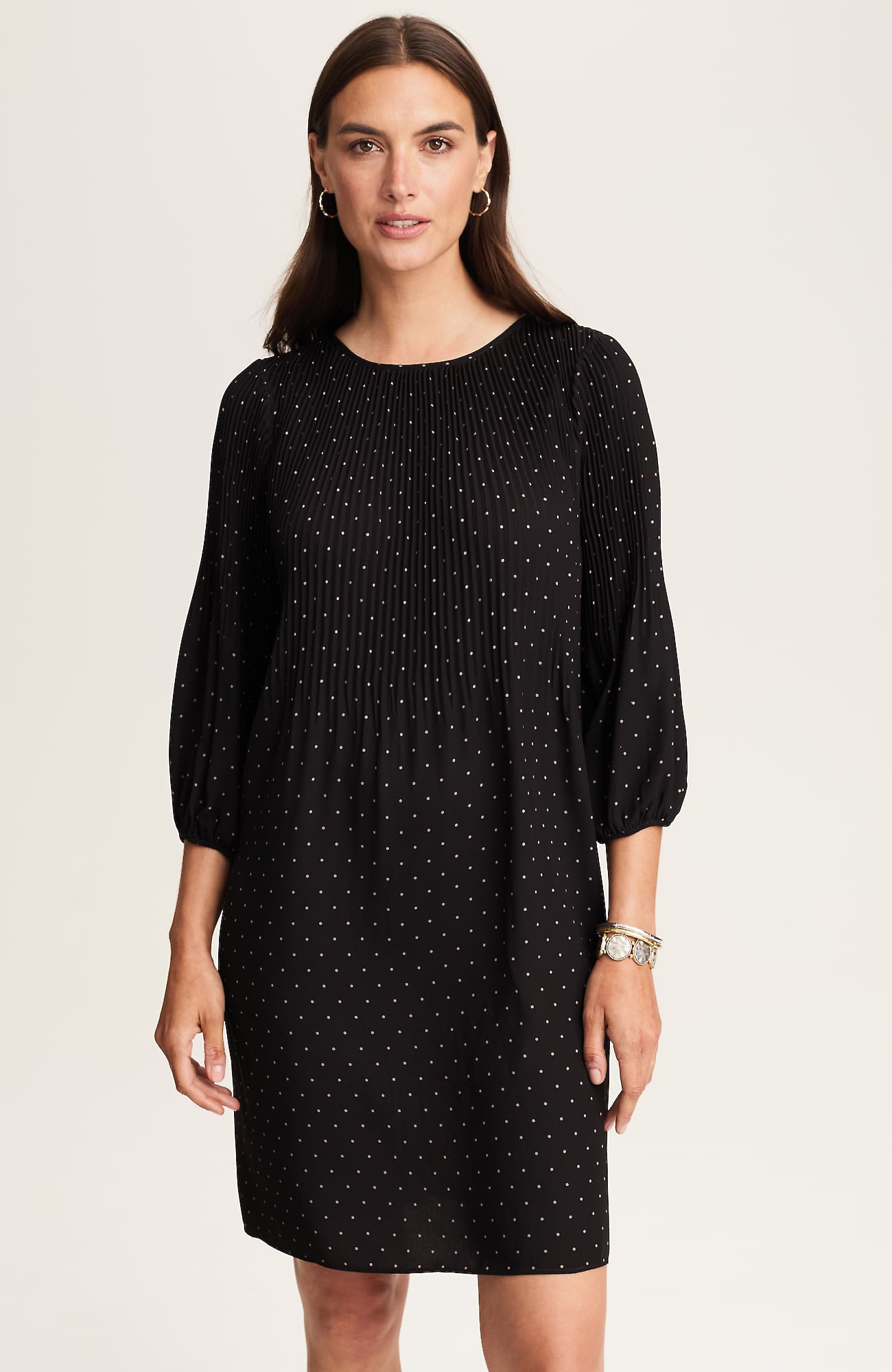 Women's Petite Wearever Sunburst-Pleated Dress (Black Stylish Pin Dots) (Size: XSP) J. Jill