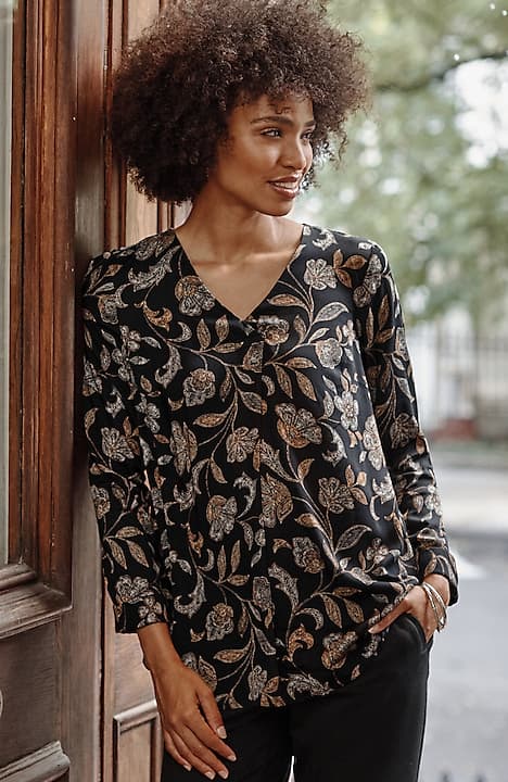 PRINTED SATIN V-NECK POPOVER JJill