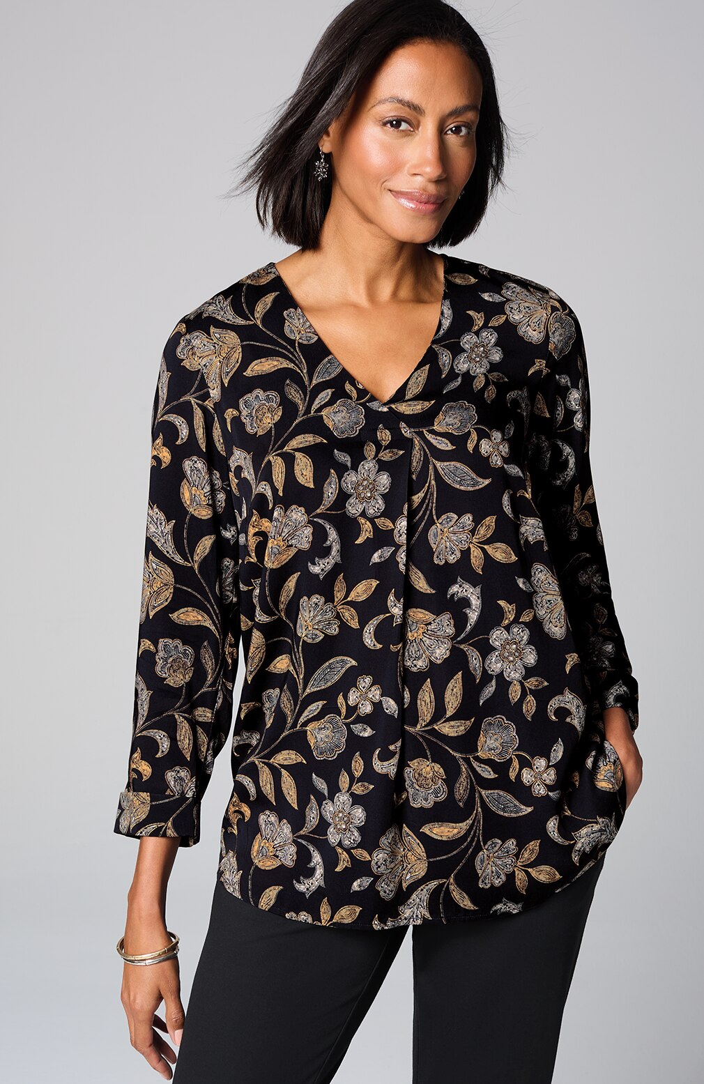 PRINTED SATIN V-NECK POPOVER | JJill