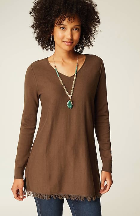 Fringed Raw Long-Sleeved V-Neck Sweater