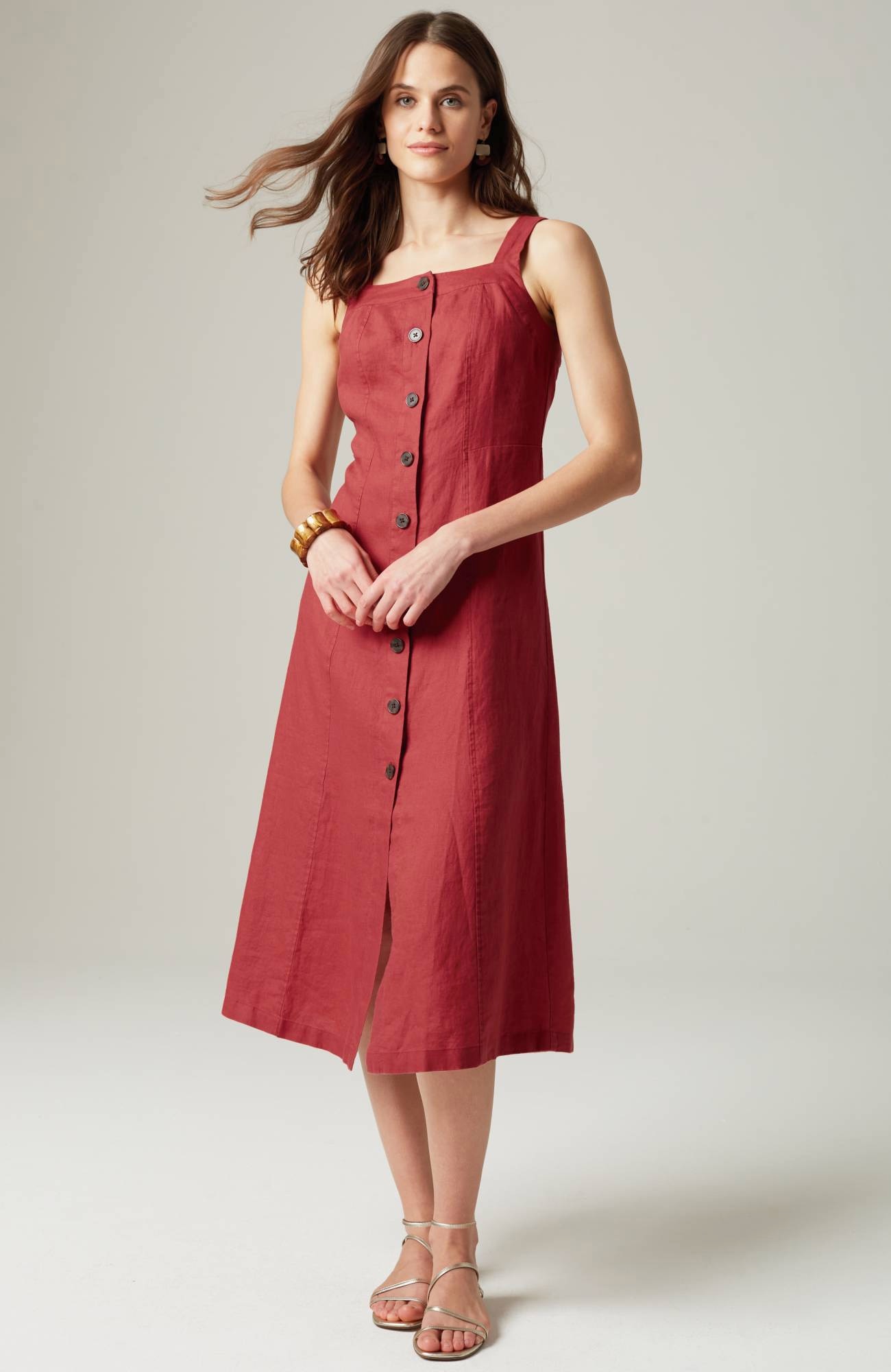 Linen Buttoned Front Midi Dress