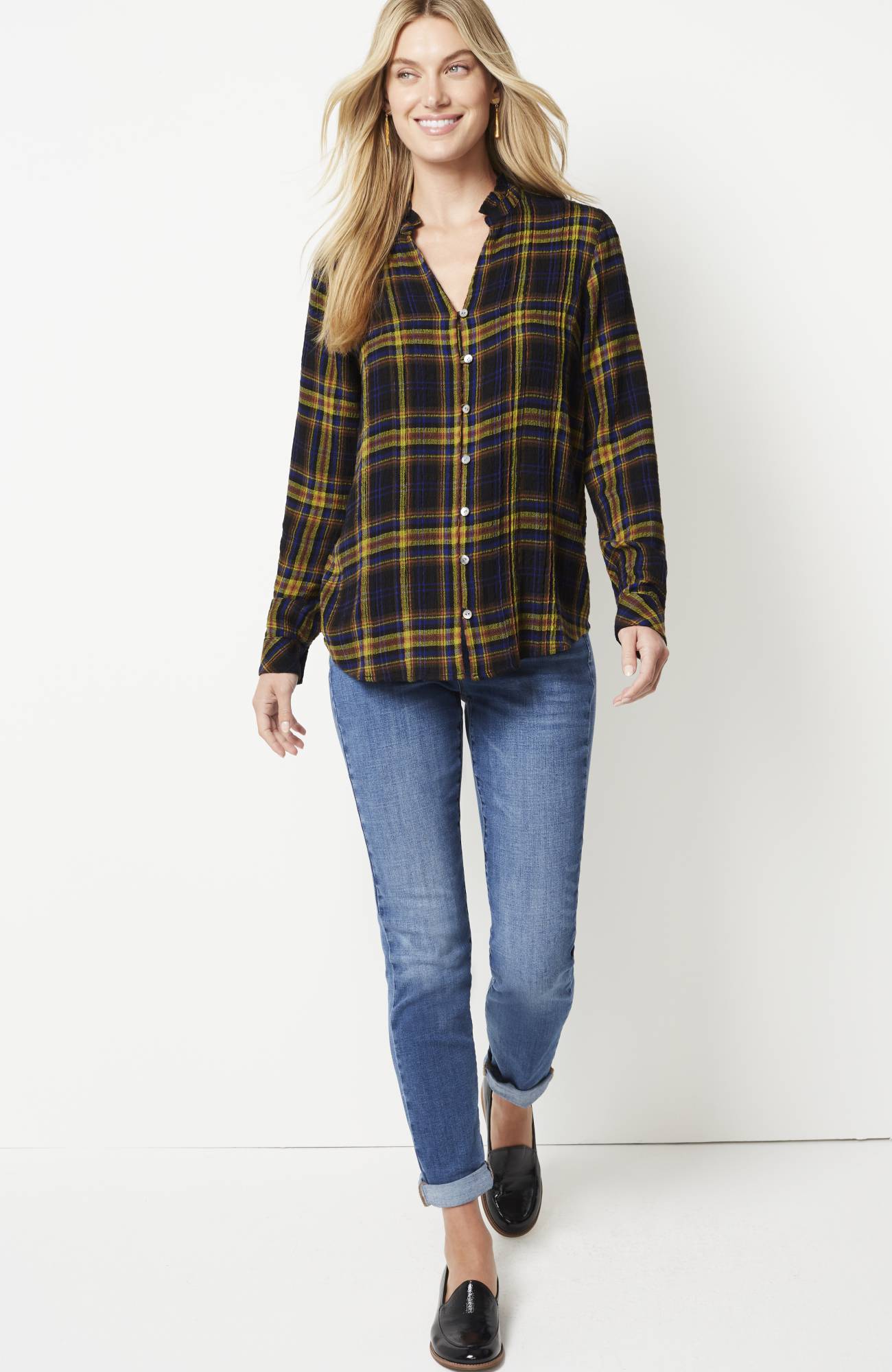 Plaid Crinkle-Textured Button-Front Top