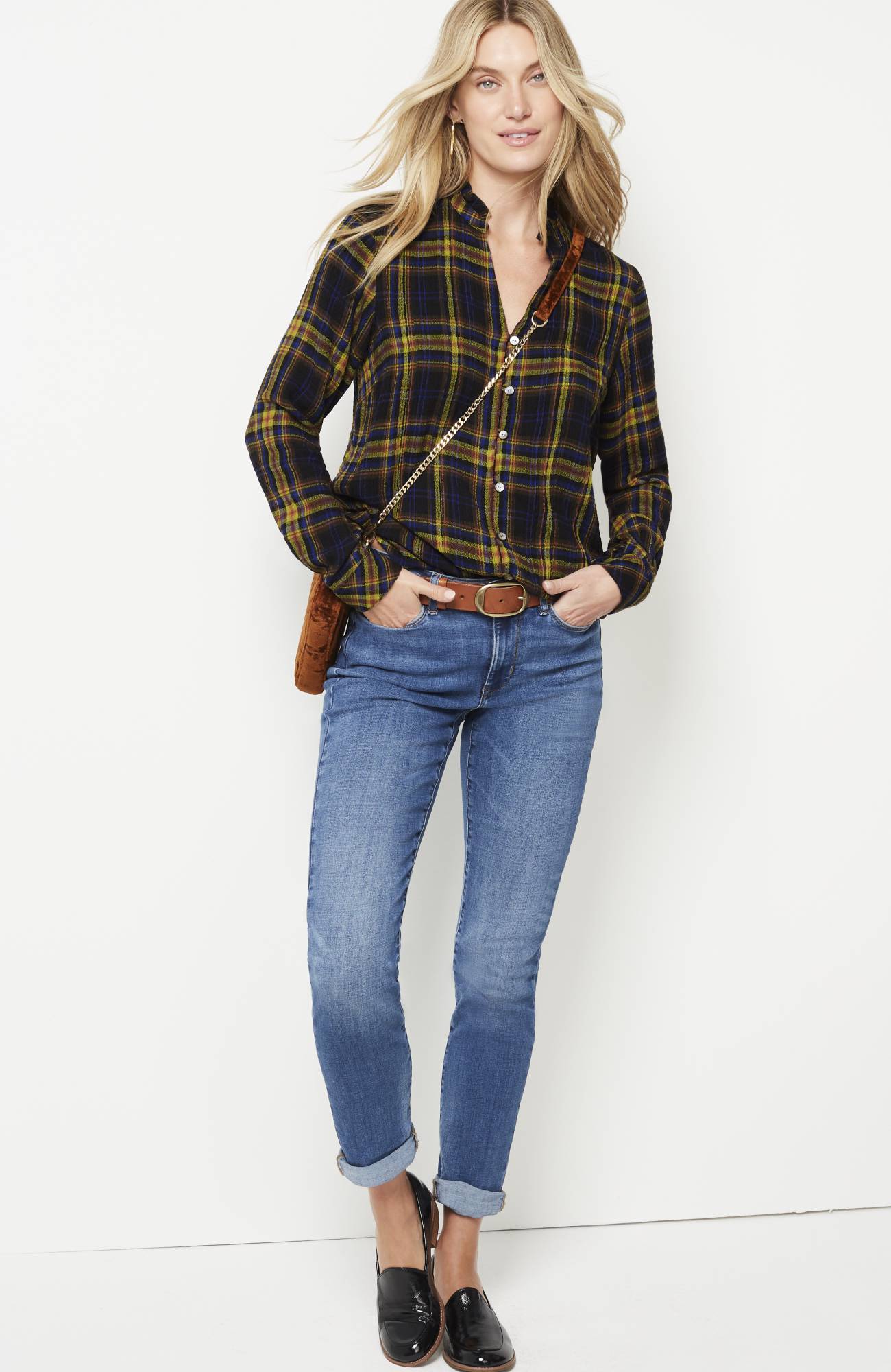 Plaid Crinkle-Textured Button-Front Top