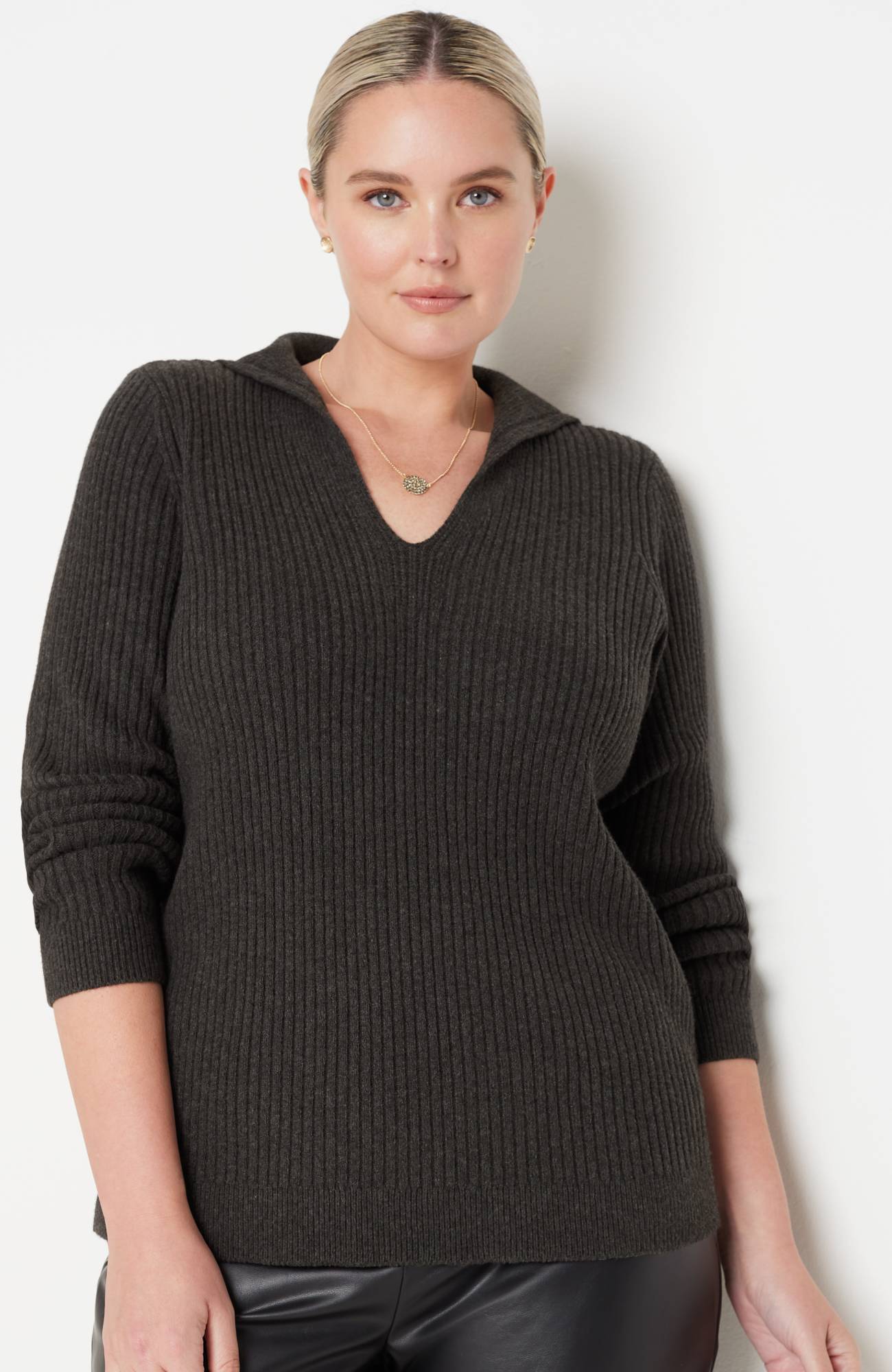 Ribbed-Stitch Collared Sweater
