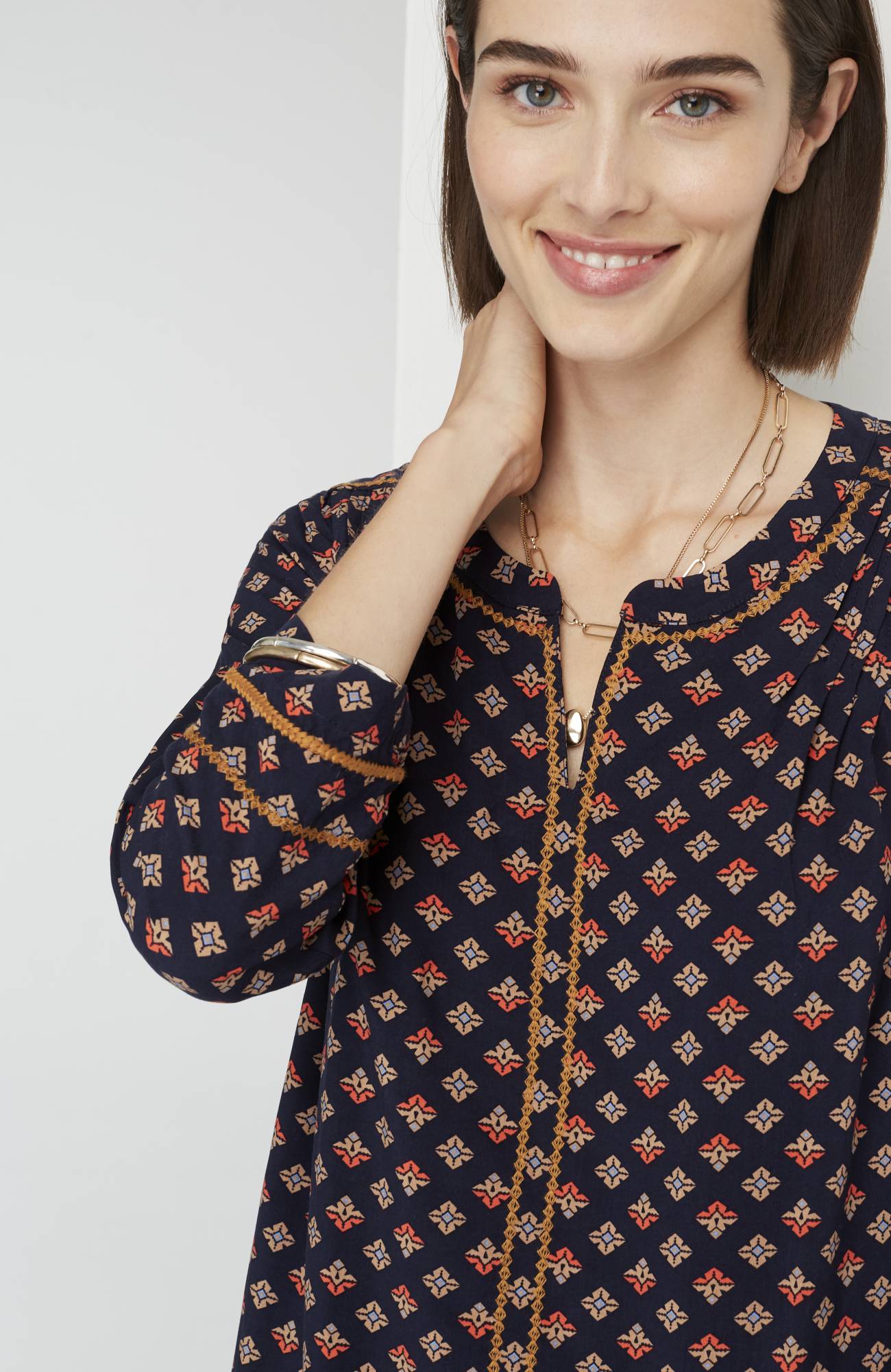 Printed & Embroidered V-Neck Top