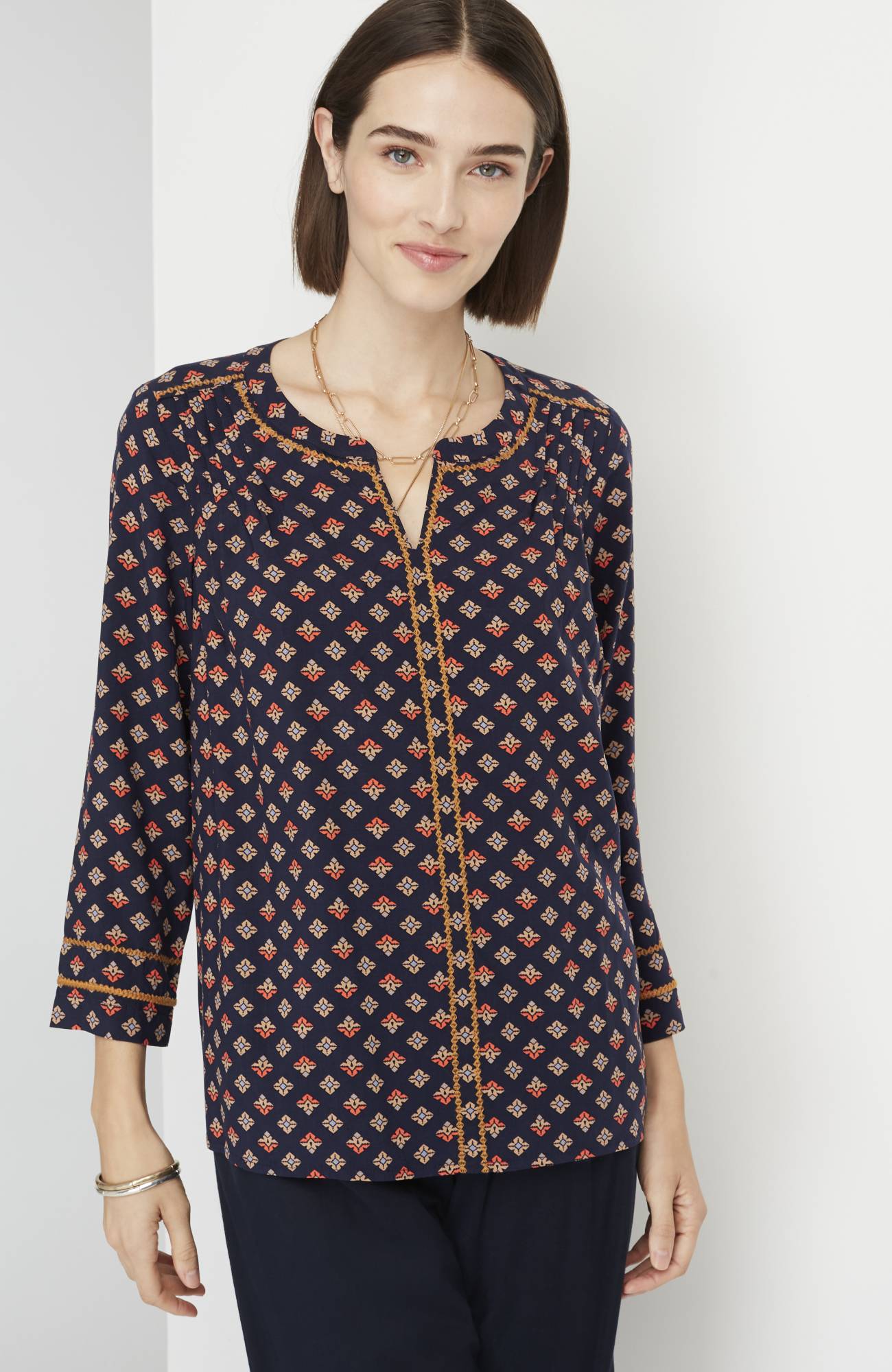 Printed & Embroidered V-Neck Top