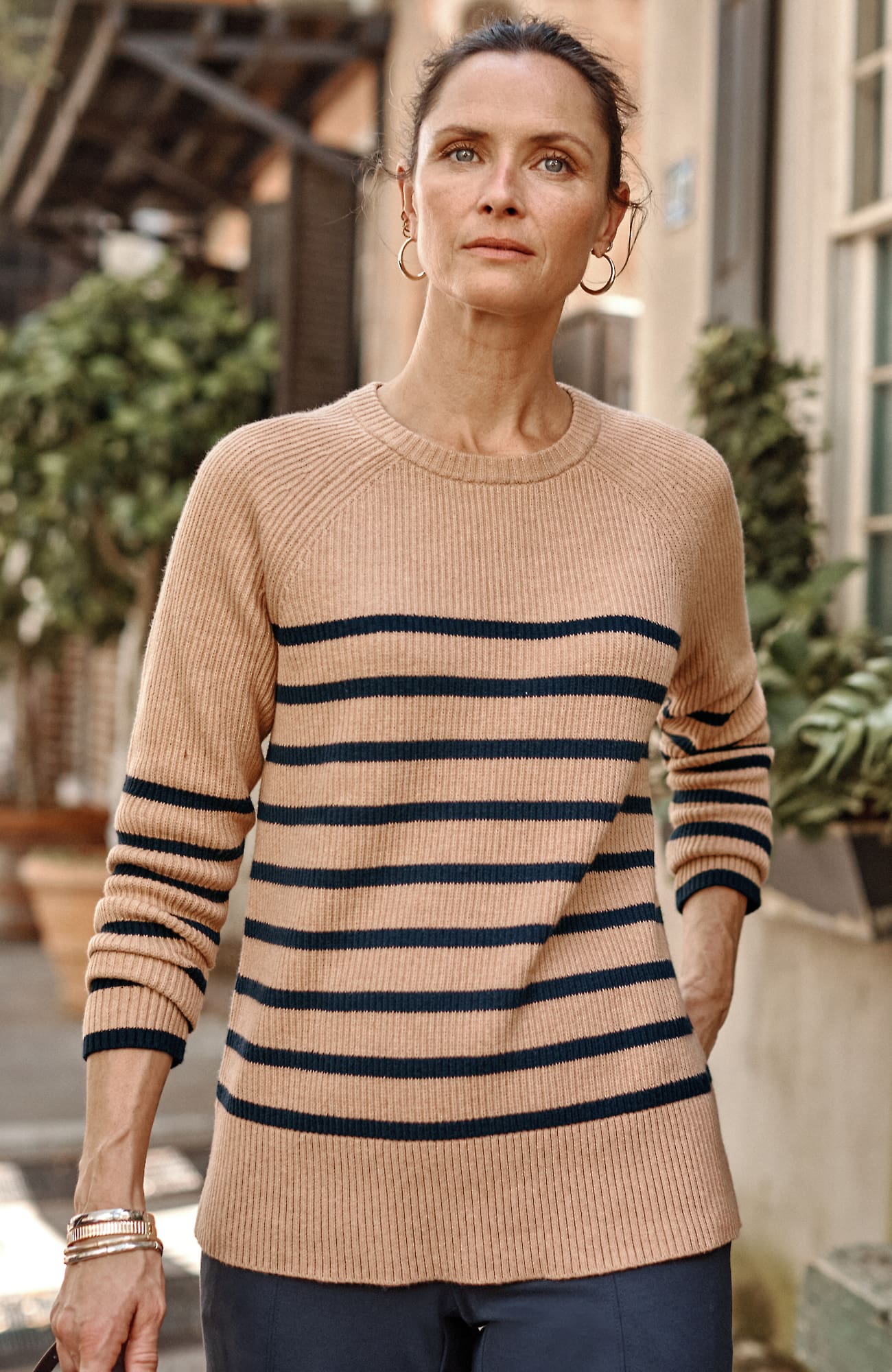 Jjill J.jill Ribbed Stripe Sweater In Caramel Heather,navy Blue