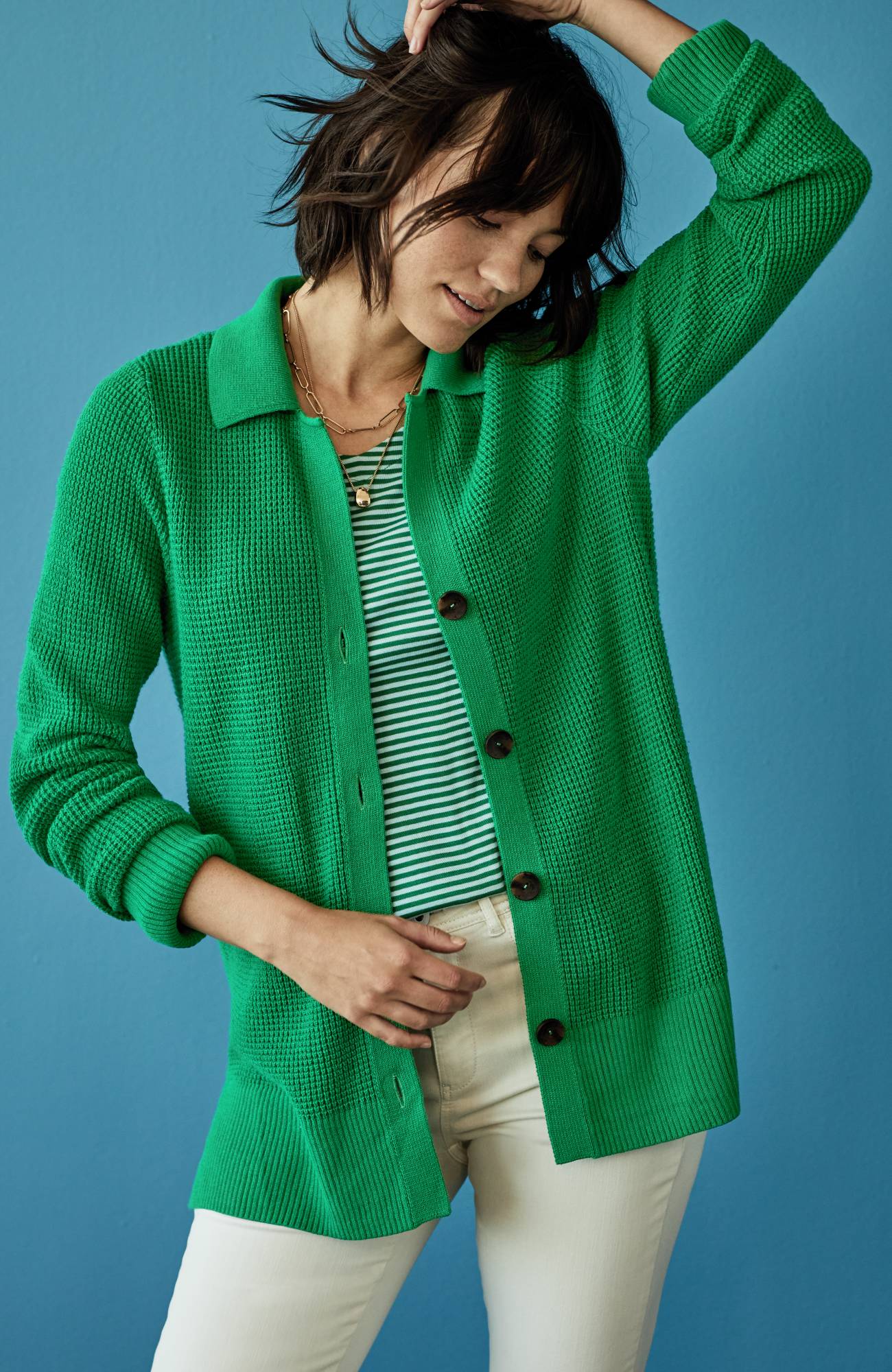 Collared Button-Front Textured Cardi