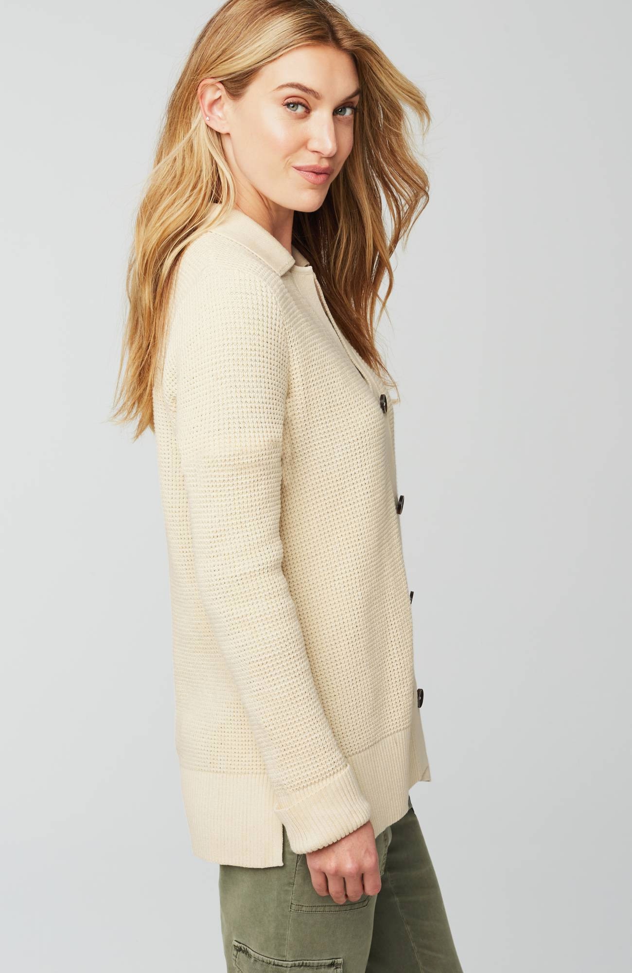 Collared Button-Front Textured Cardi