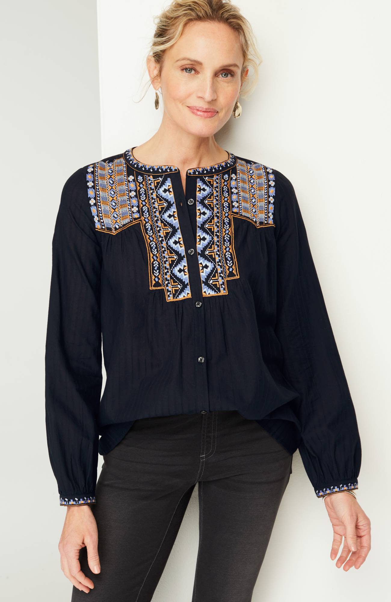 Pure Jill Shadow-Stripe Embroidered Blouse