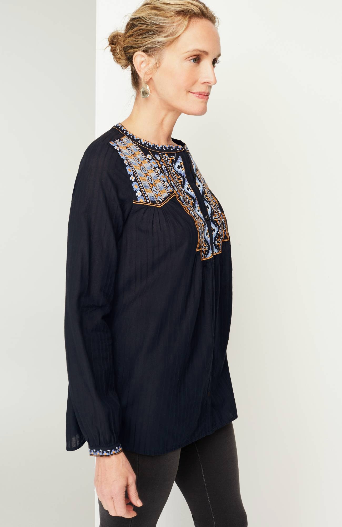Pure Jill Shadow-Stripe Embroidered Blouse