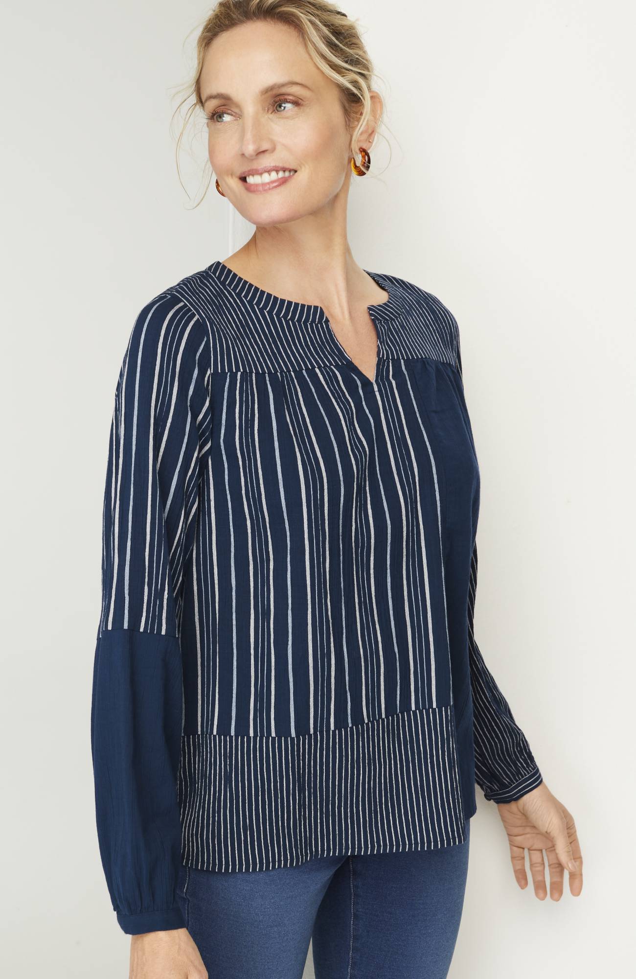 Pure Jill Mixed-Stripes Crinkle Top
