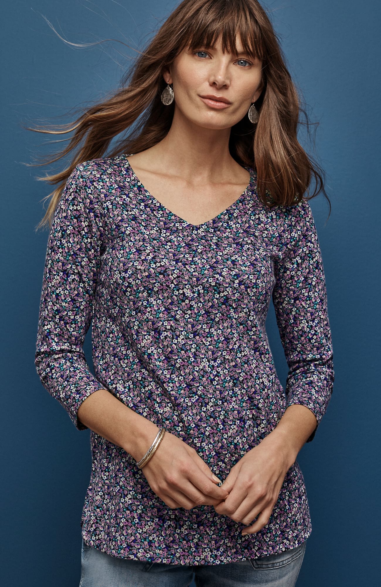 Jjill J.jill Pima 3/4-sleeve V-neck Tee In Aster Painted Florette