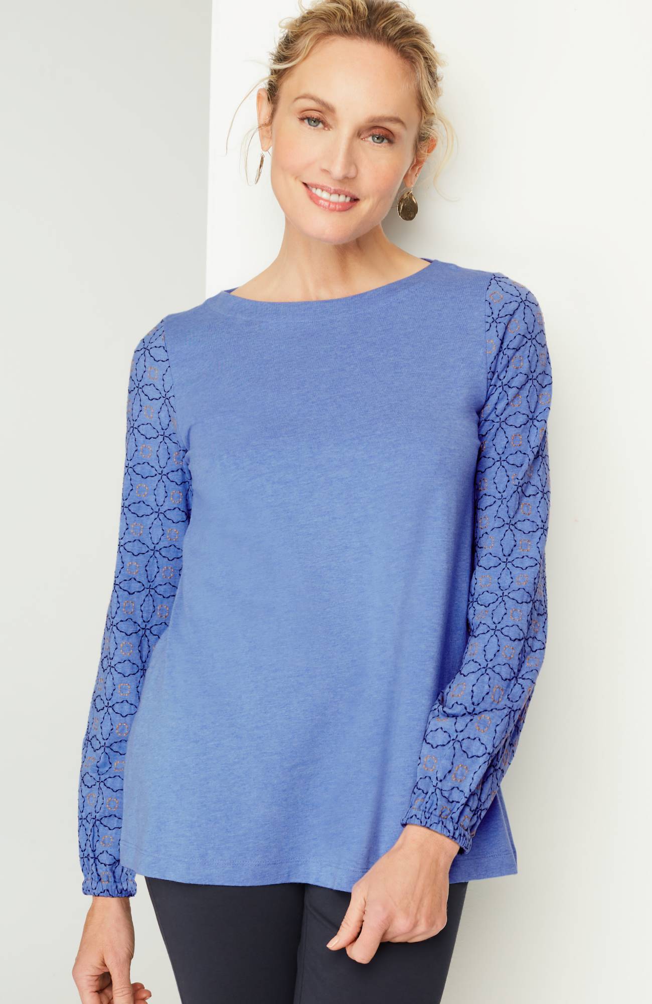 Pure Jill Embroidered-Sleeve Boat-Neck Top
