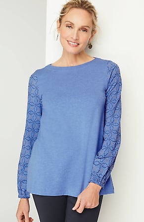 Image for Pure Jill Embroidered-Sleeve Boat-Neck Top