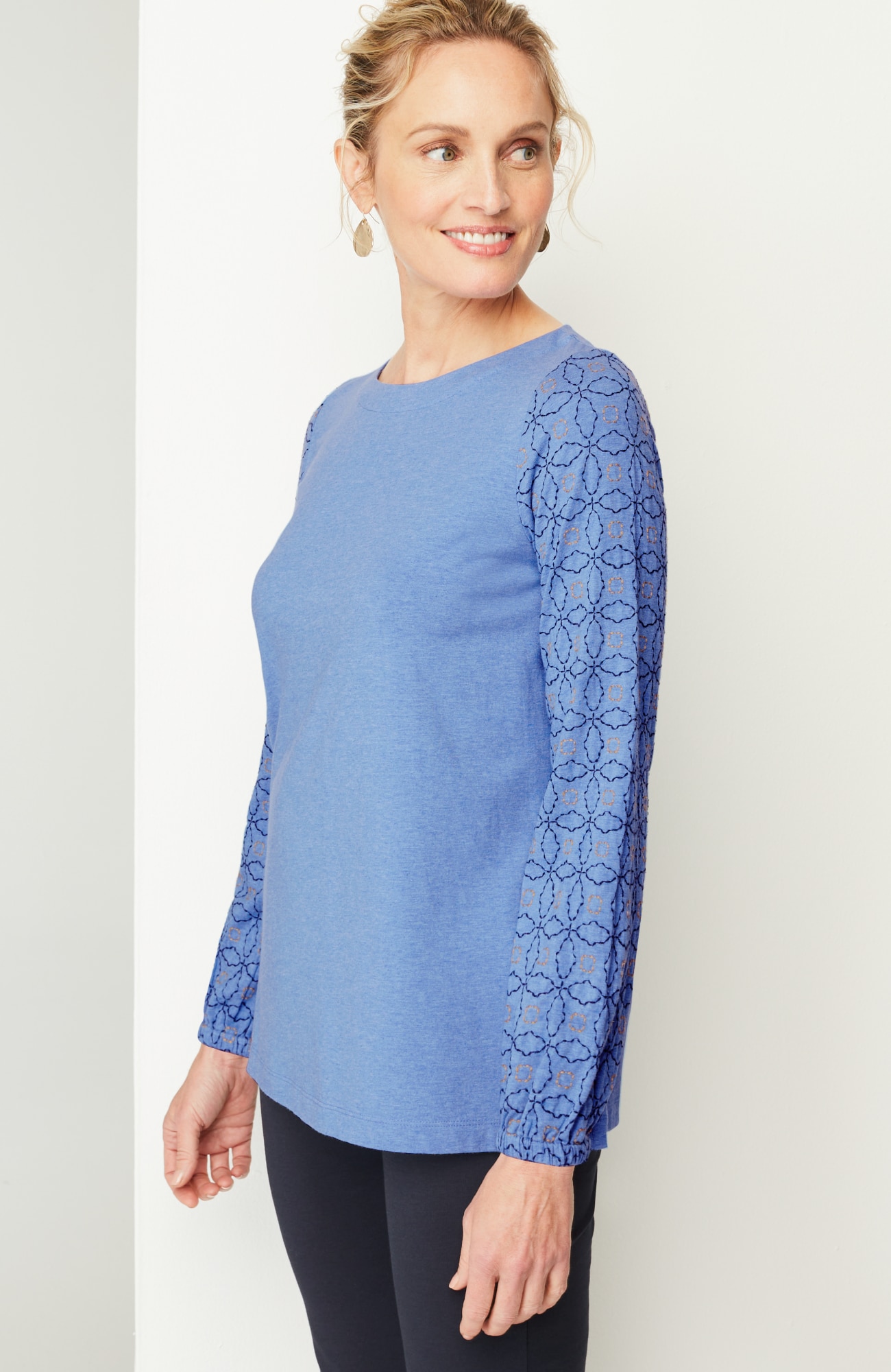 Pure Jill Embroidered-Sleeve Boat-Neck Top