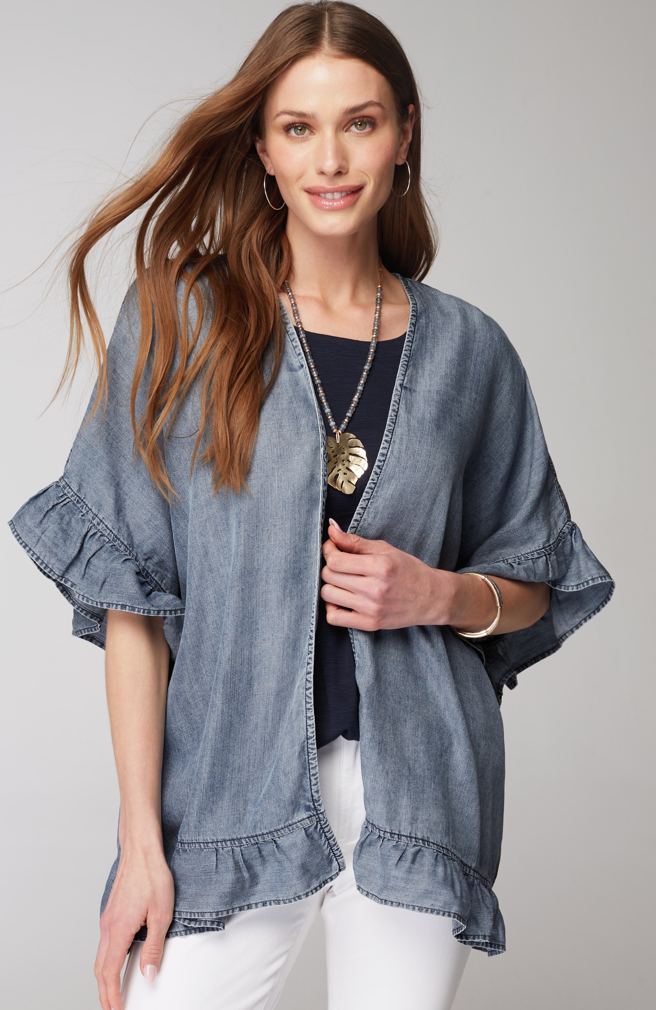 denim ruffled-trim ruana