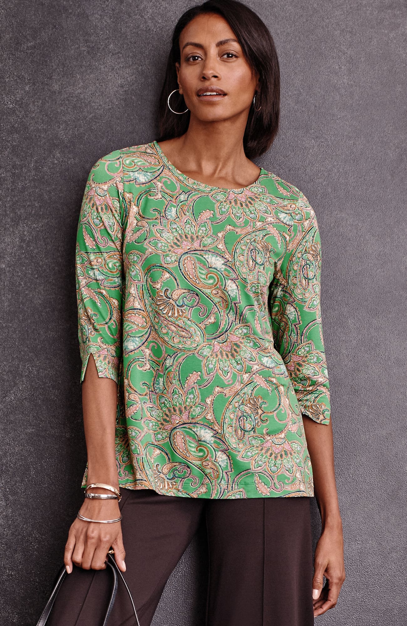 Jjill J.jill Wearever Ballet-sleeve Crew-neck Top In Leaf Green Jacobean Fresco