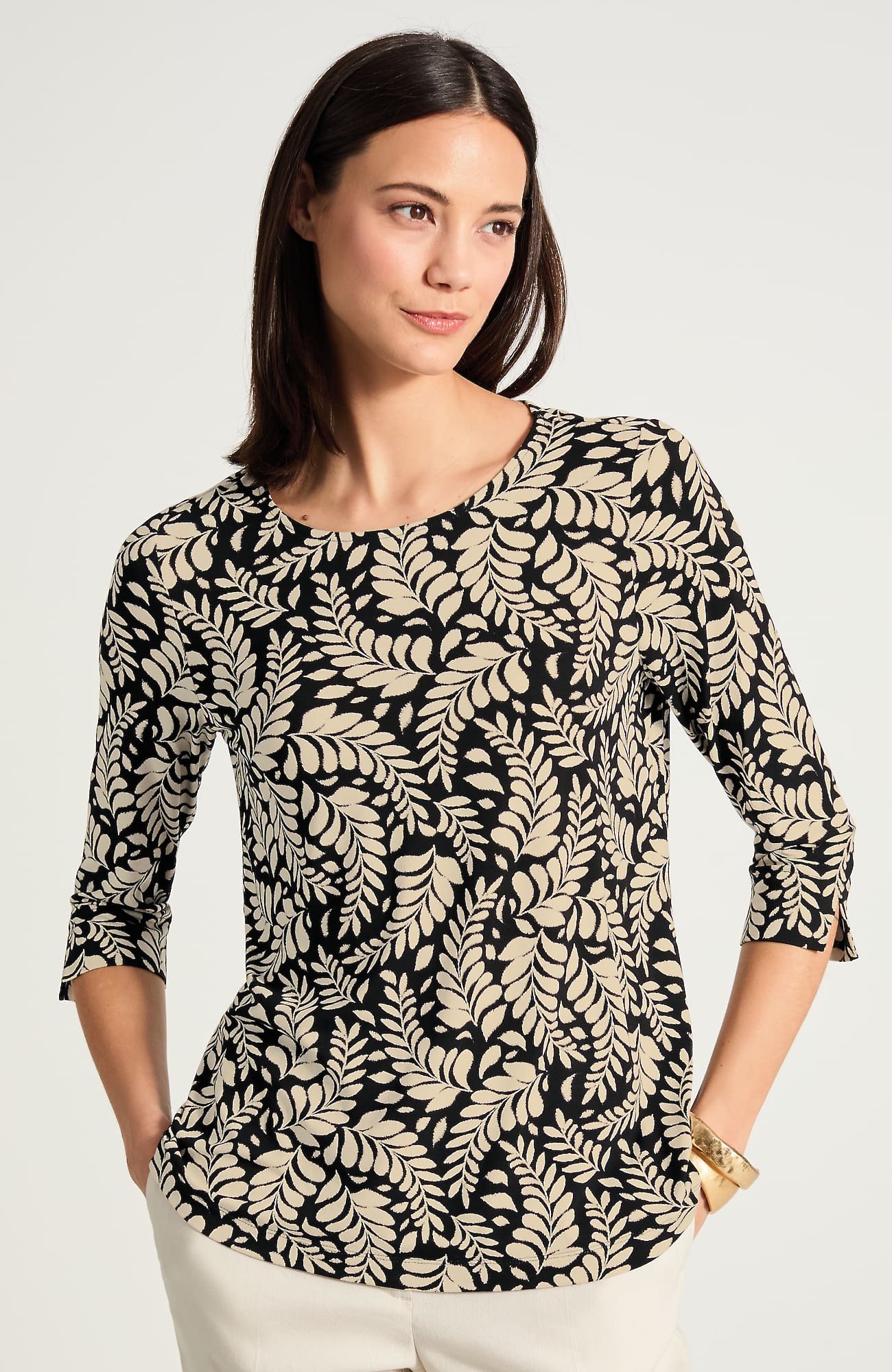 Women's Wearever Ballet-Sleeve Crew-Neck Top (Black Graphic Ferns) (Size: S) J. Jill