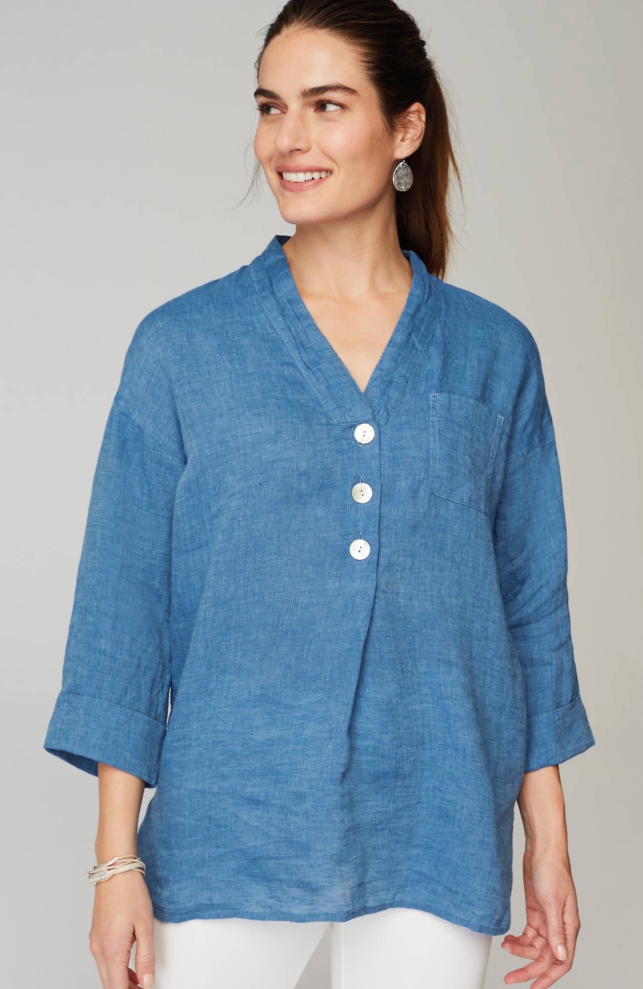Shop Jjill J.jill Pure Jill Yarn-dyed Linen Button-front Tunic In Blue Quartz,dark Blue Quartz