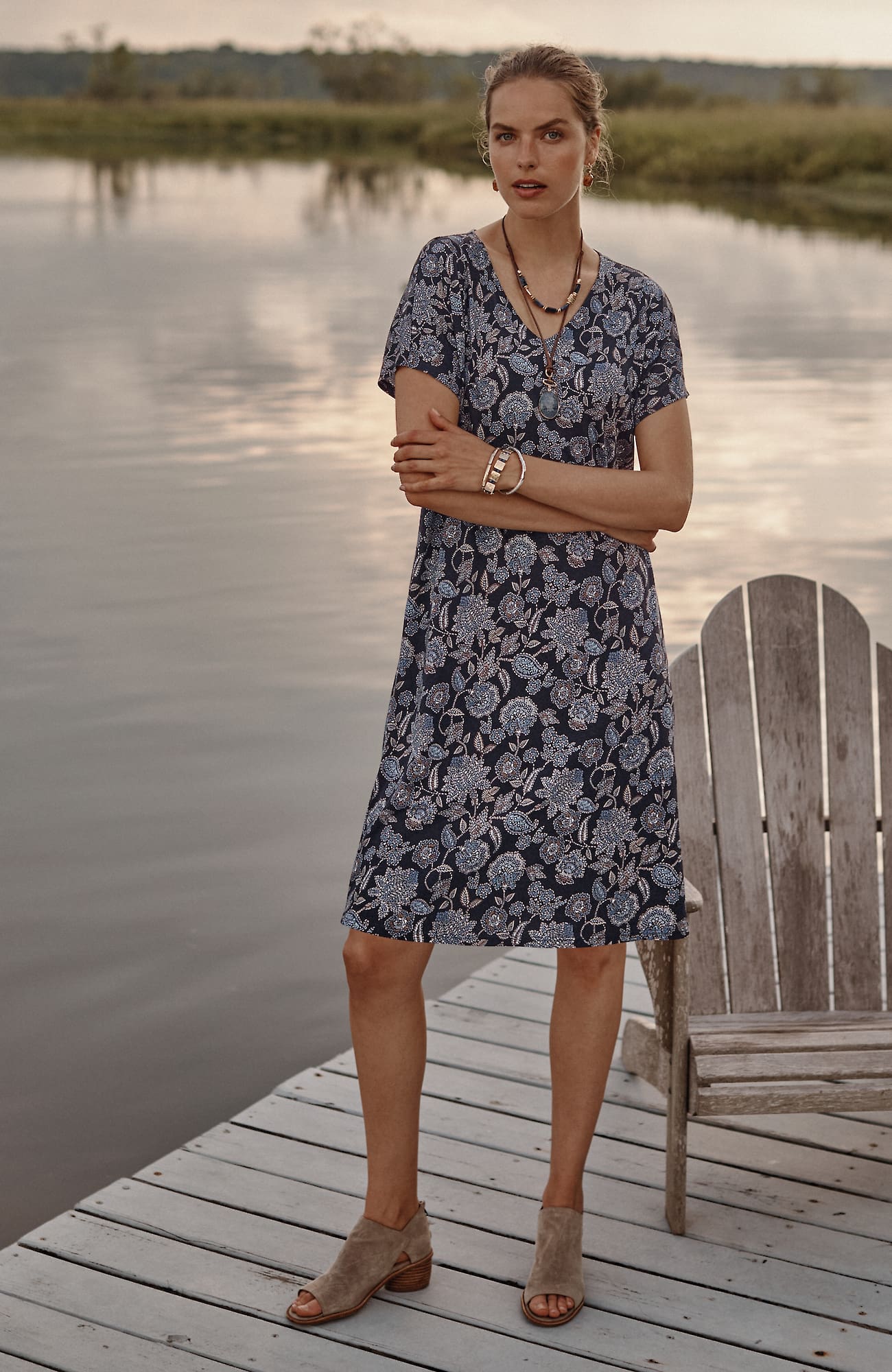 Jjill J.jill Pure Jill Soft-v-neck T-shirt Dress In Black Stitched Floral