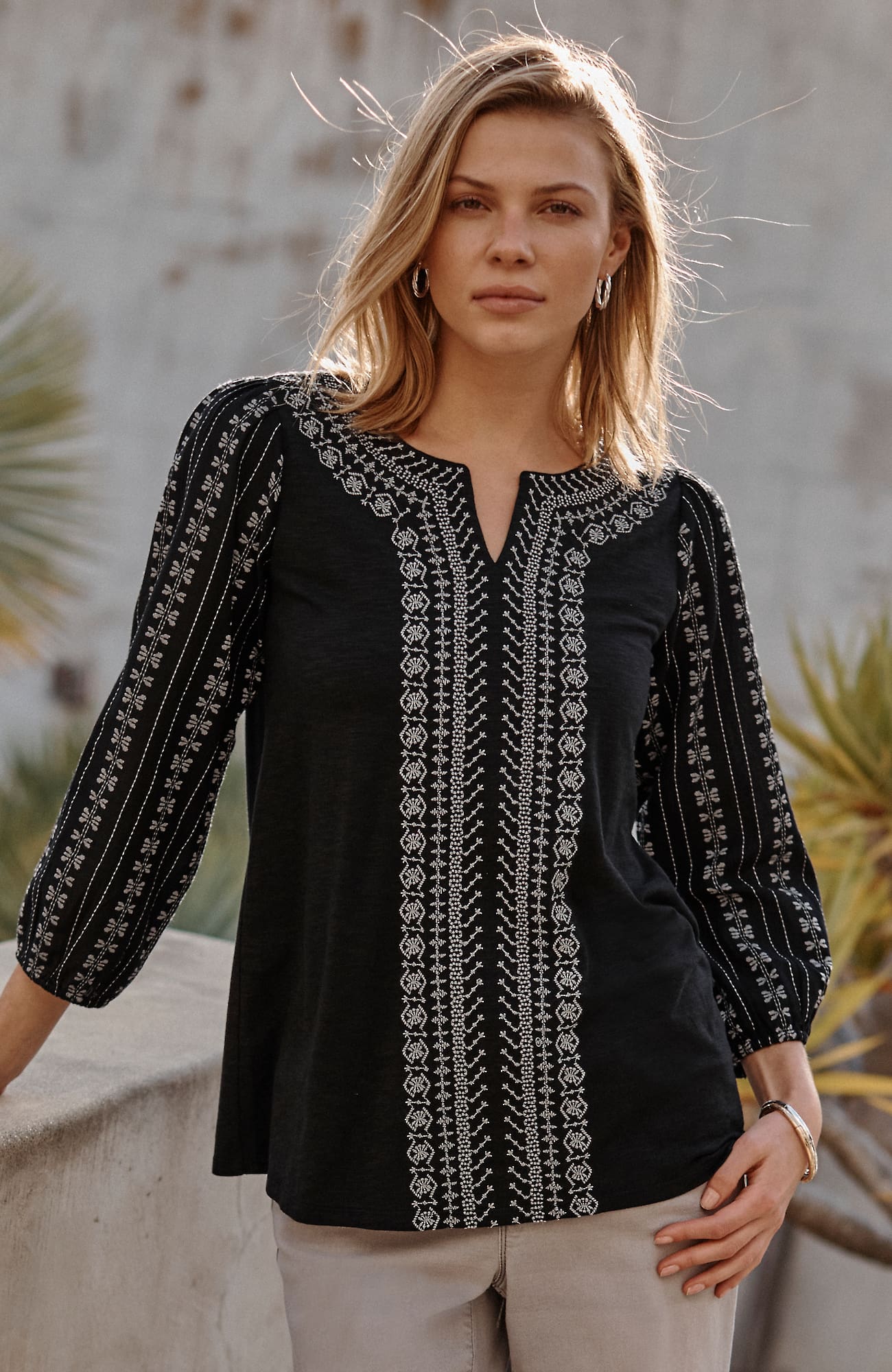 Jjill J.jill Pure Jill Mixed-media Embroidered Top In Black,white