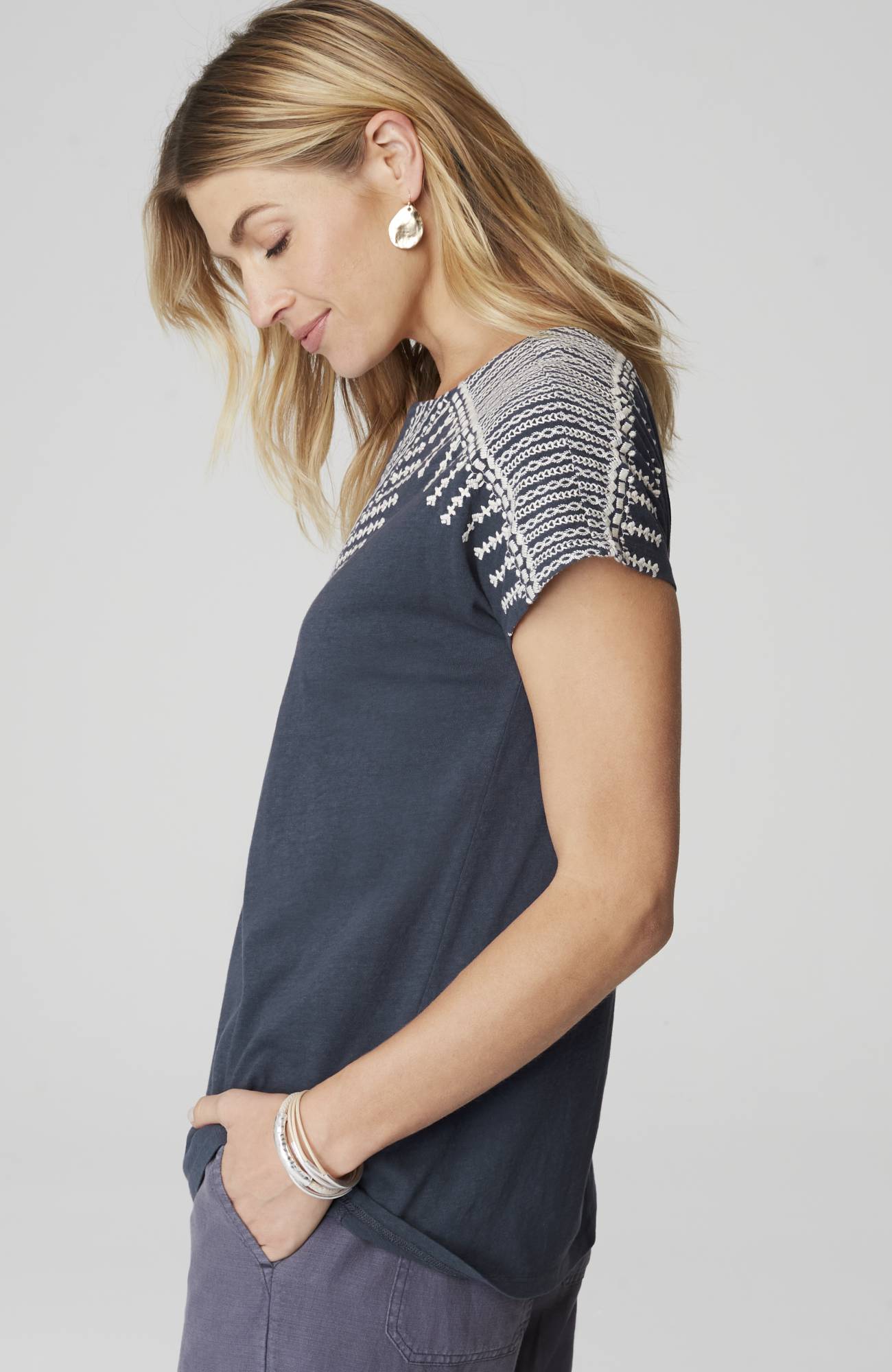 Pure Jill Embroidered Split-Neck Tee