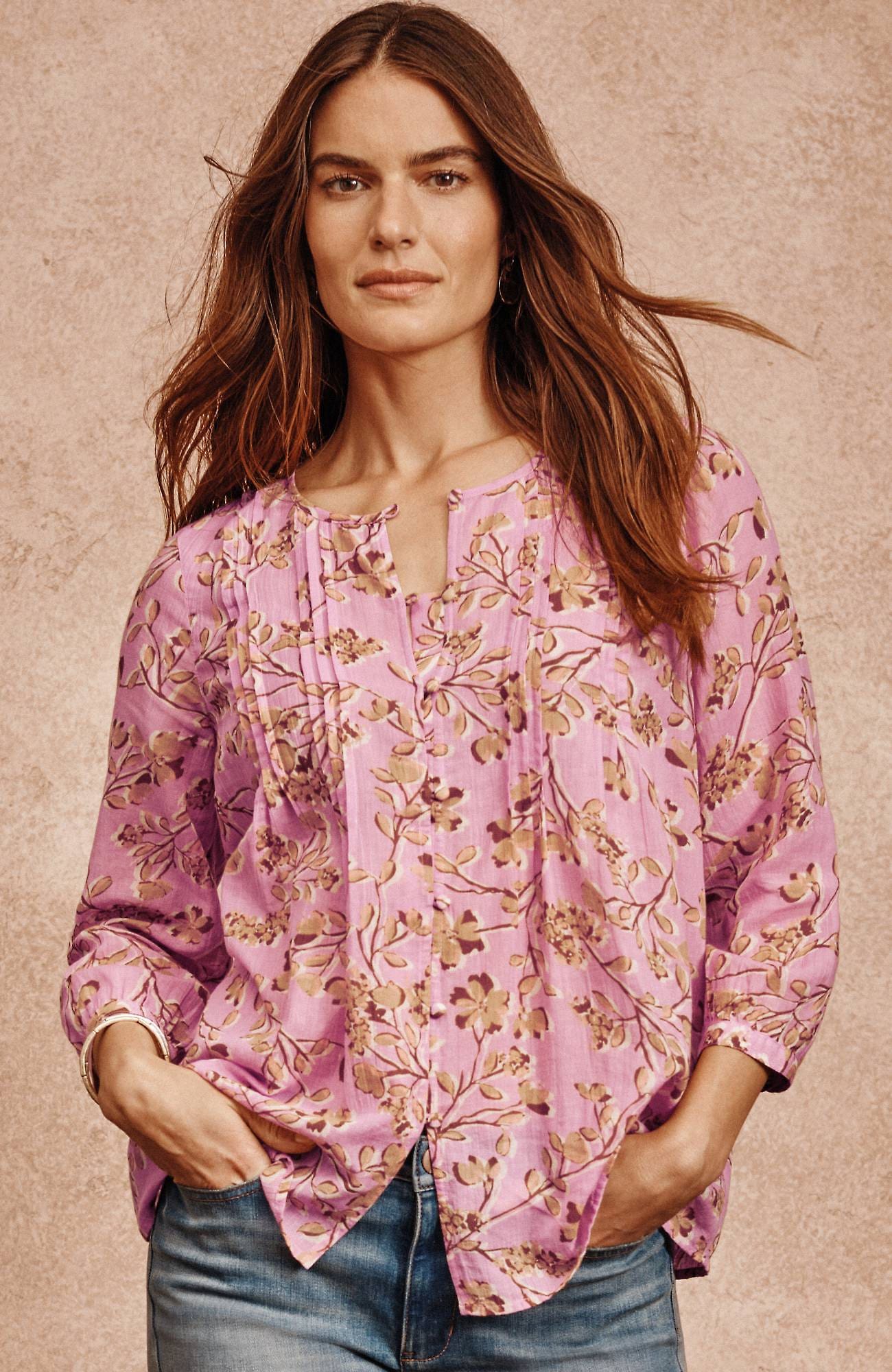 Jjill J.jill Printed A-line Pintucked Top In Light Camellia Graphic Vines