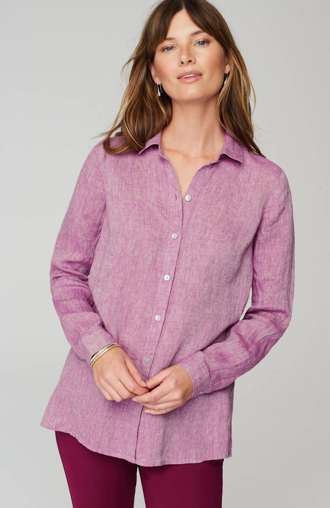 Shop Jjill J.jill Everyday Linen Button-front Shirt In Wineberry,white