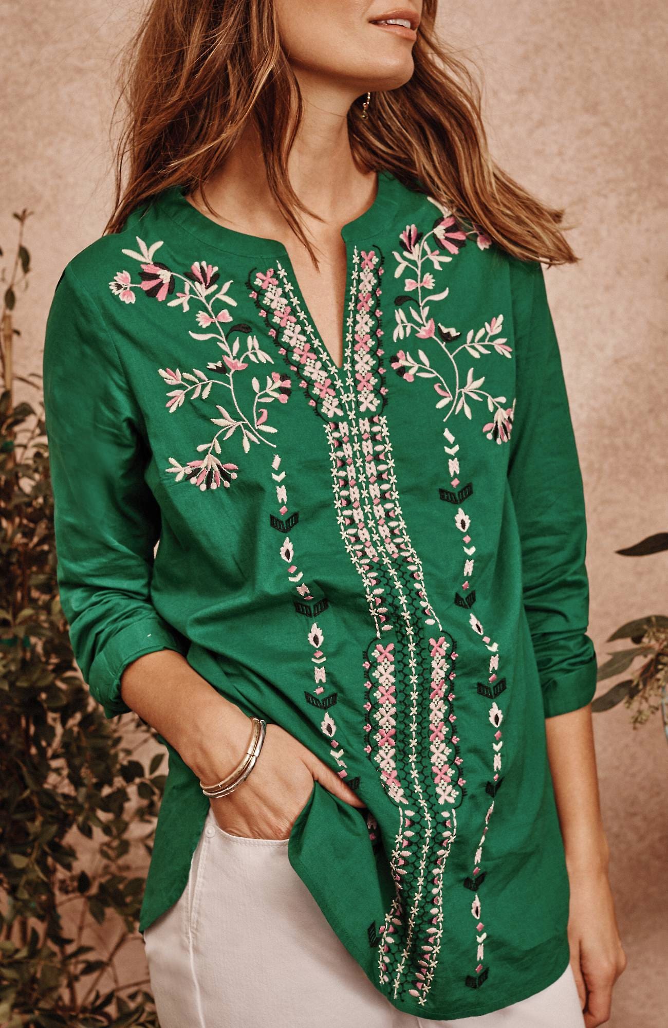 Jjill J.jill Embroidered Split-neck Tunic In Green Meadow Multi
