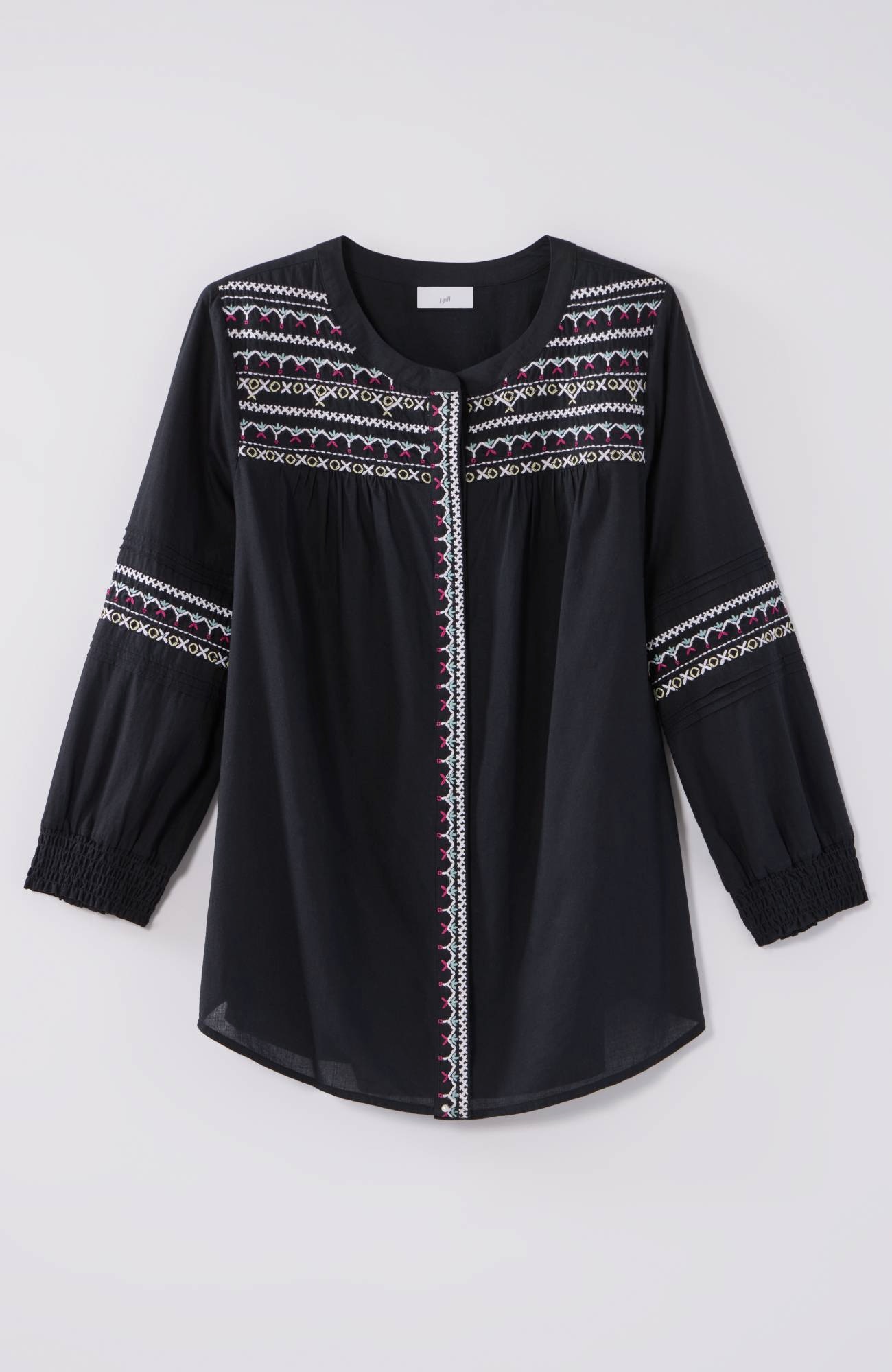Embroidered Smocked-Sleeve Top