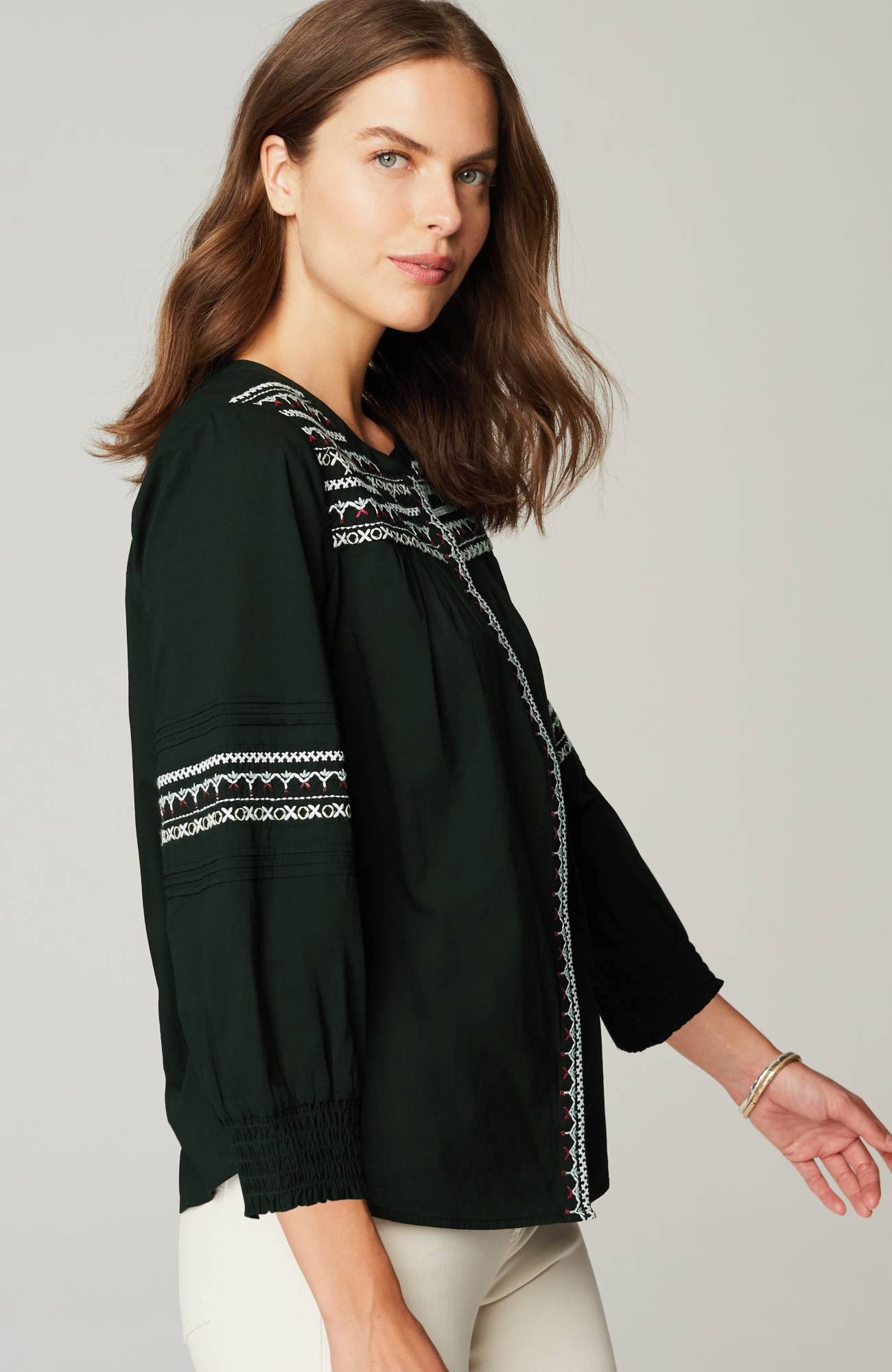Embroidered Smocked-Sleeve Top
