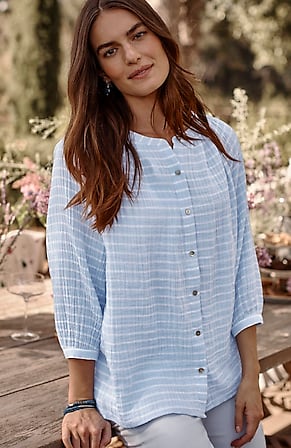 Image for Cotton-Gauze Striped Button-Front Top