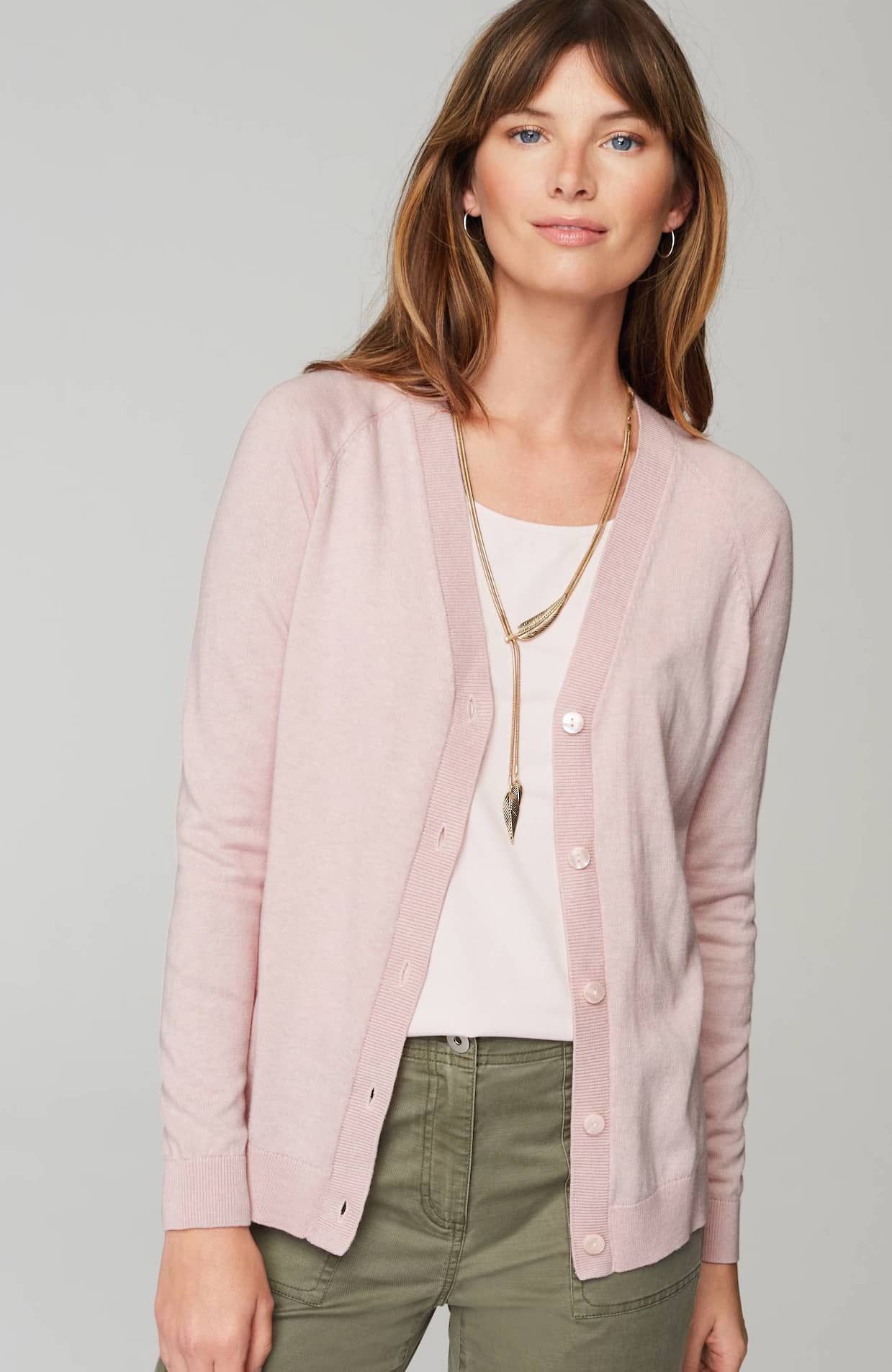 ORGANIC COTTON RIBBED V-NECK CARDIGAN: PINK - RANI ARABELLA