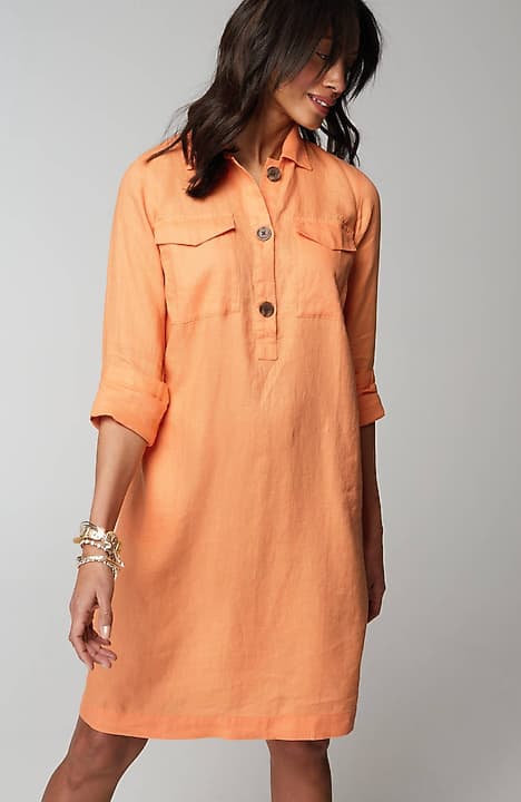 open lace back dress Sunrise Orange Linen Button Down – hoste main image 1