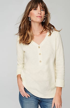 Image for Textured-Cotton Rolled-Cuff Henley Top