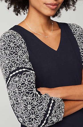 Image for Mixed-Media Embroidered-Sleeve Top
