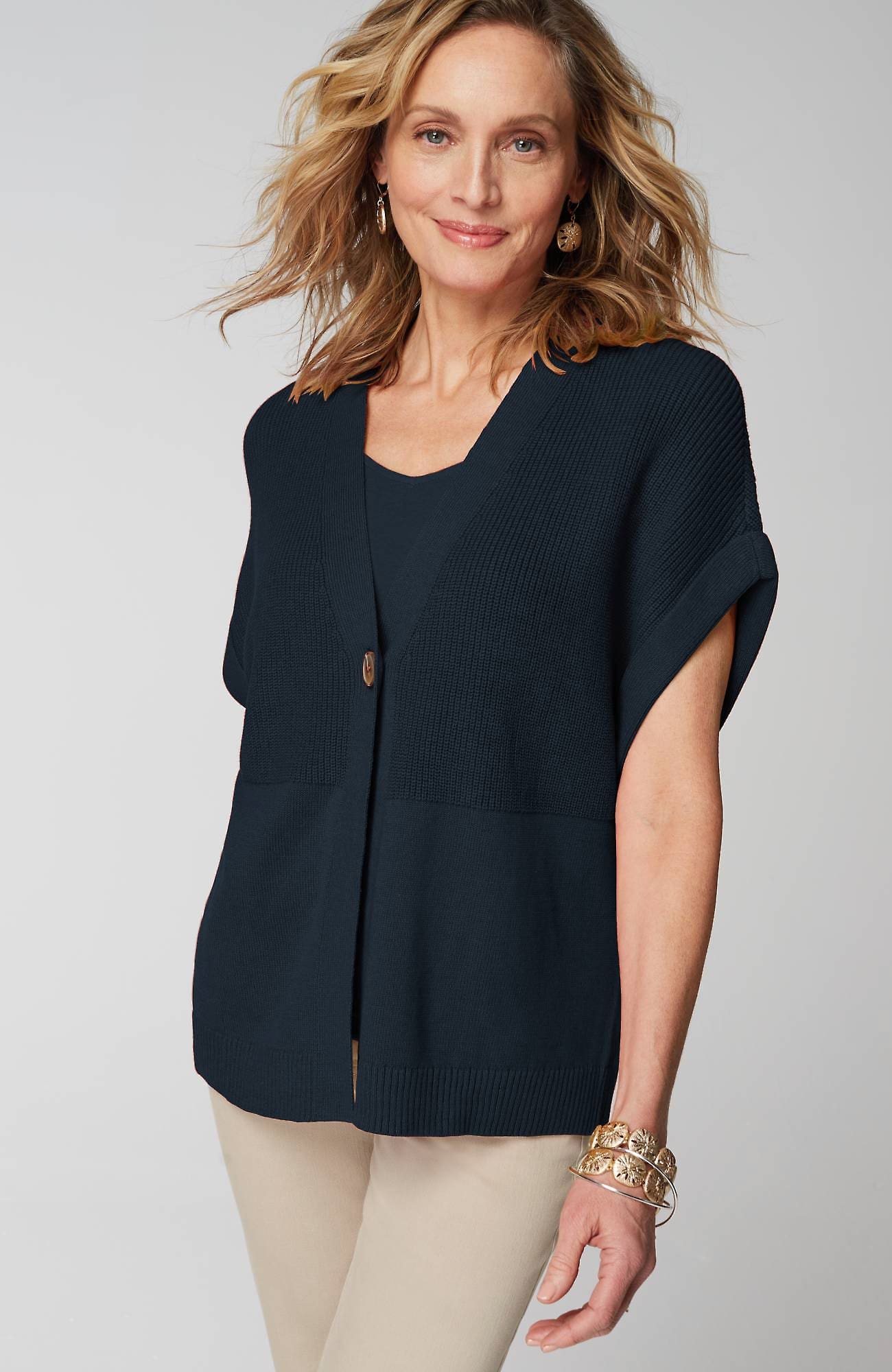 Shop Jjill J.jill Ribbed-detail Short-sleeve Cardi In Navy Blue