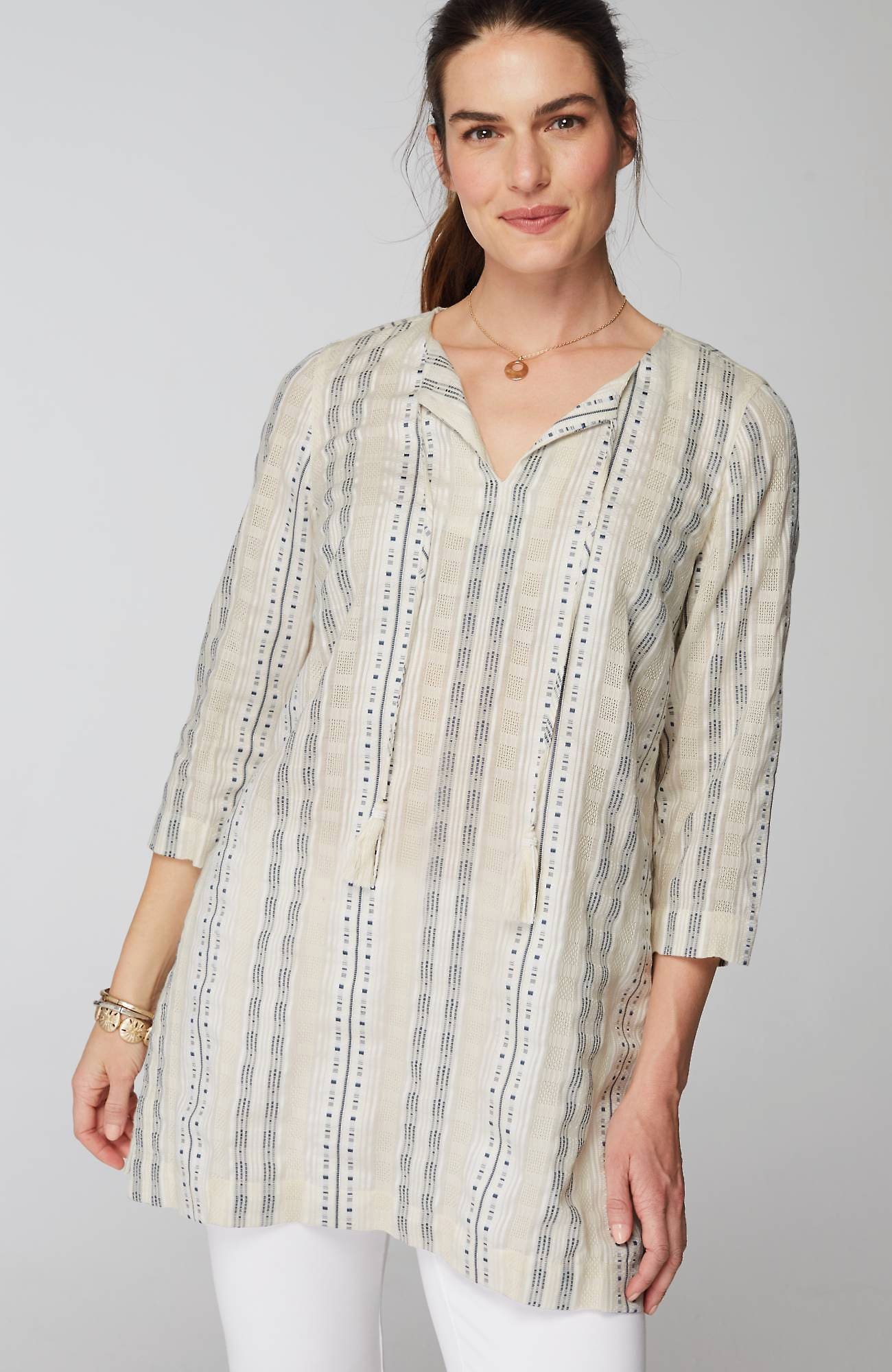 Jjill J.jill Pure Jill Split-neck Dobby Tunic In Cream Multi