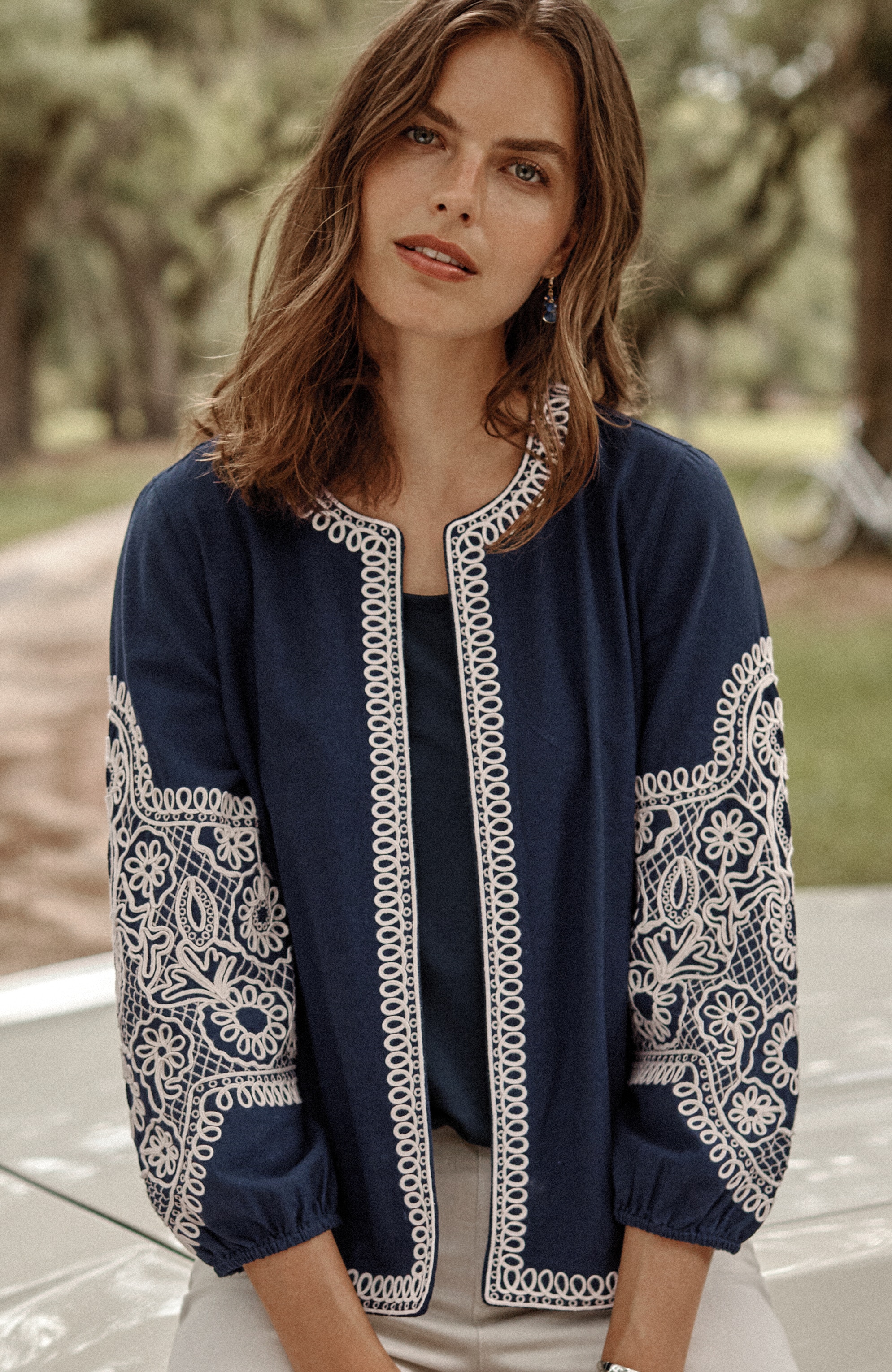 embroidered open-front a-line jacket