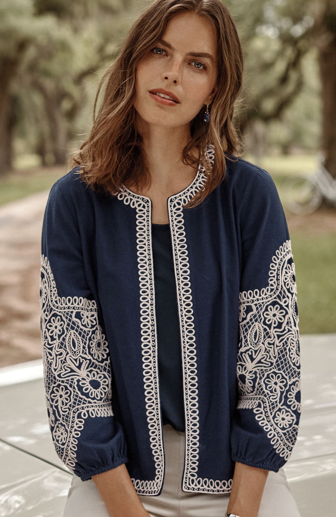 Jjill J.jill Embroidered Open-front A-line Jacket In Navy Blue Multi