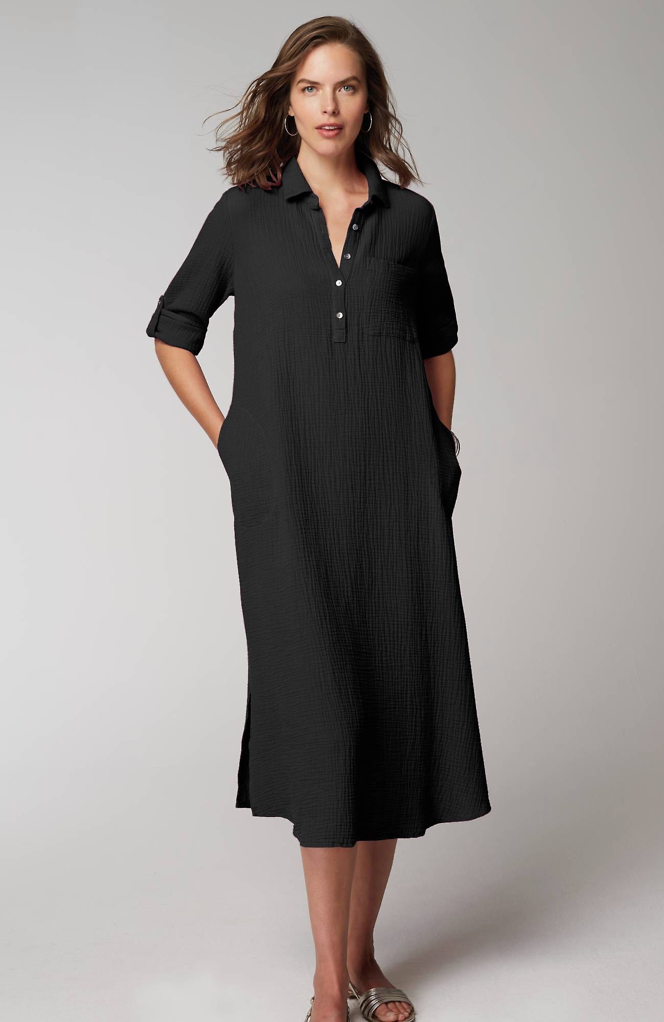 Shop Jjill J.jill Cotton-gauze One-pocket Shirtdress In Black