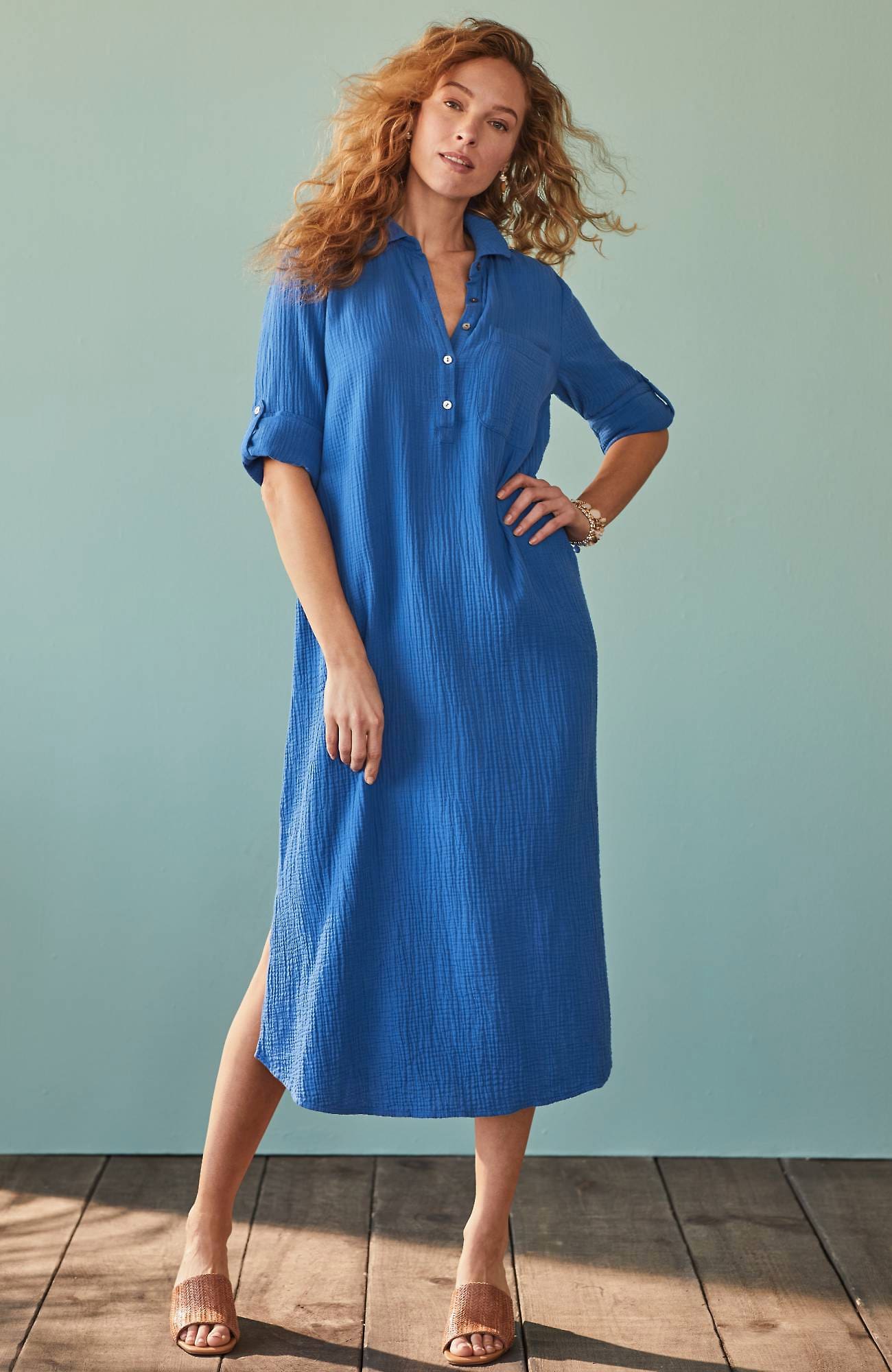 Jjill J.jill Cotton-gauze One-pocket Shirtdress In Royal Blue