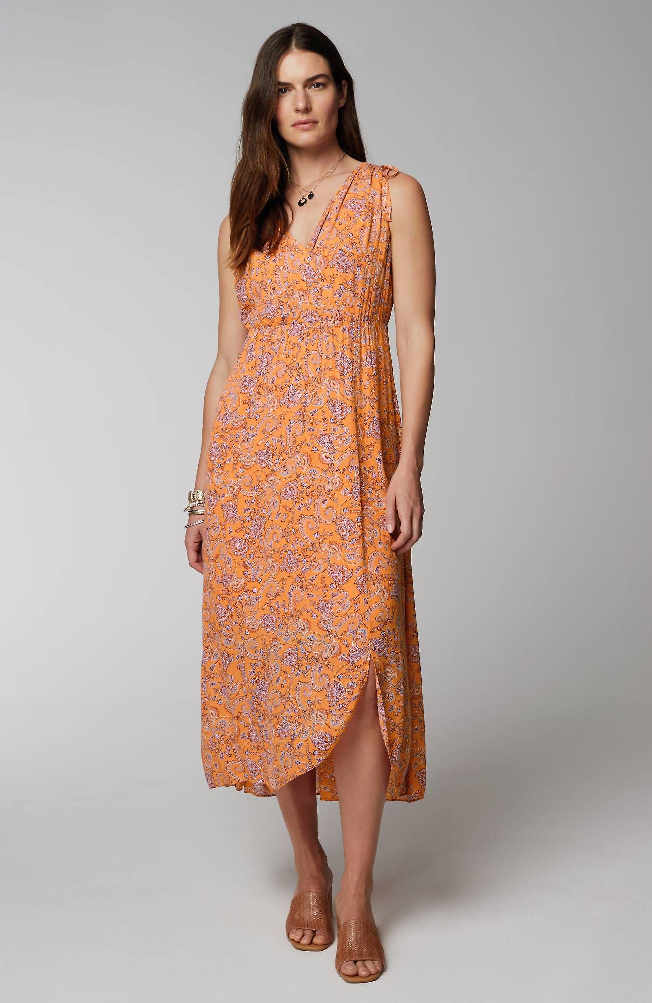 Shop Jjill J.jill Tie-shoulder Faux-wrap Dress In Dark Apricot Ornamental Paisley