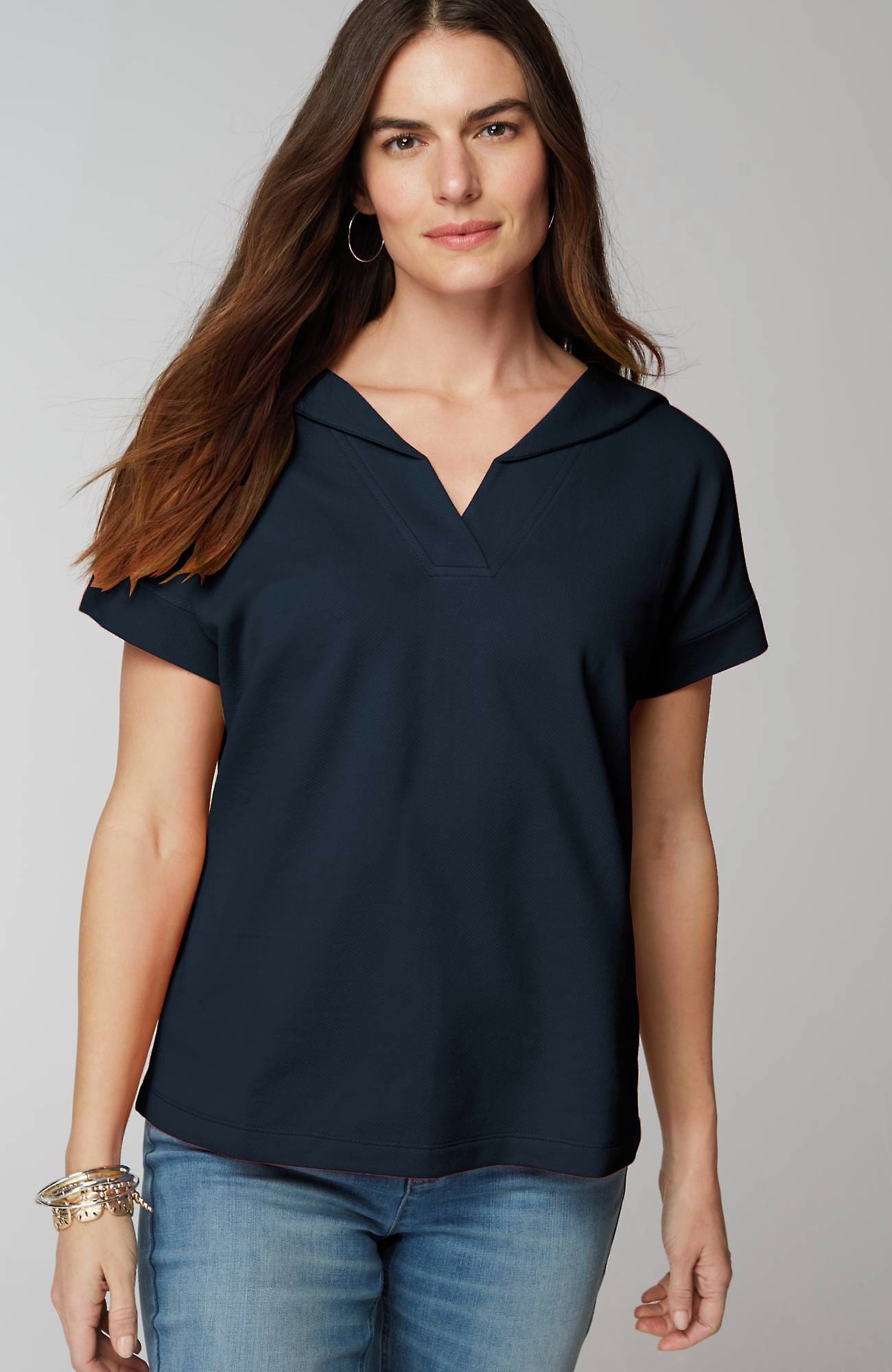 Shop Jjill J.jill Collared Short-sleeve Sweatshirt In Navy Blue