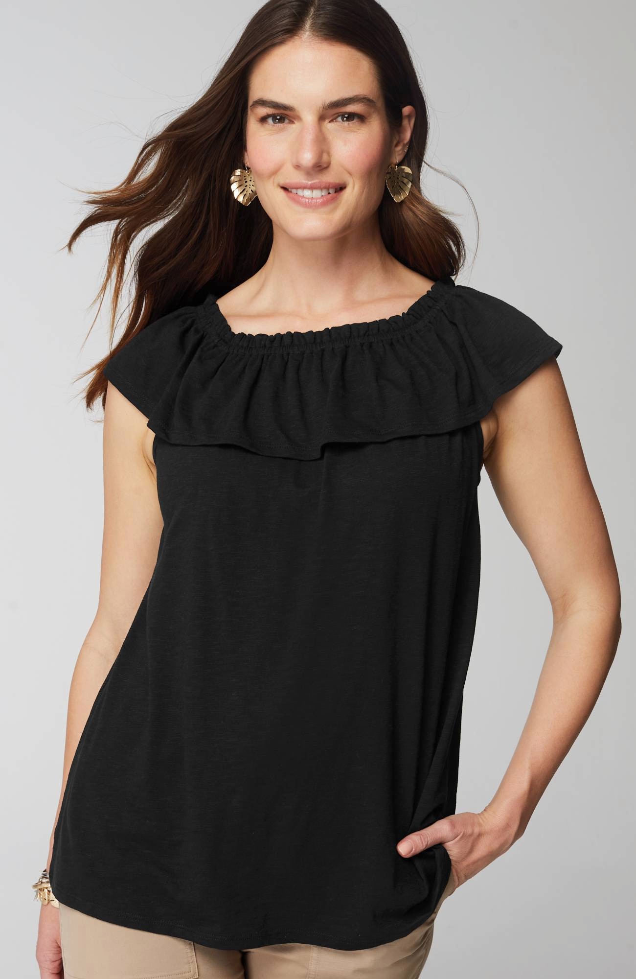 convertible-shoulder ruffled top