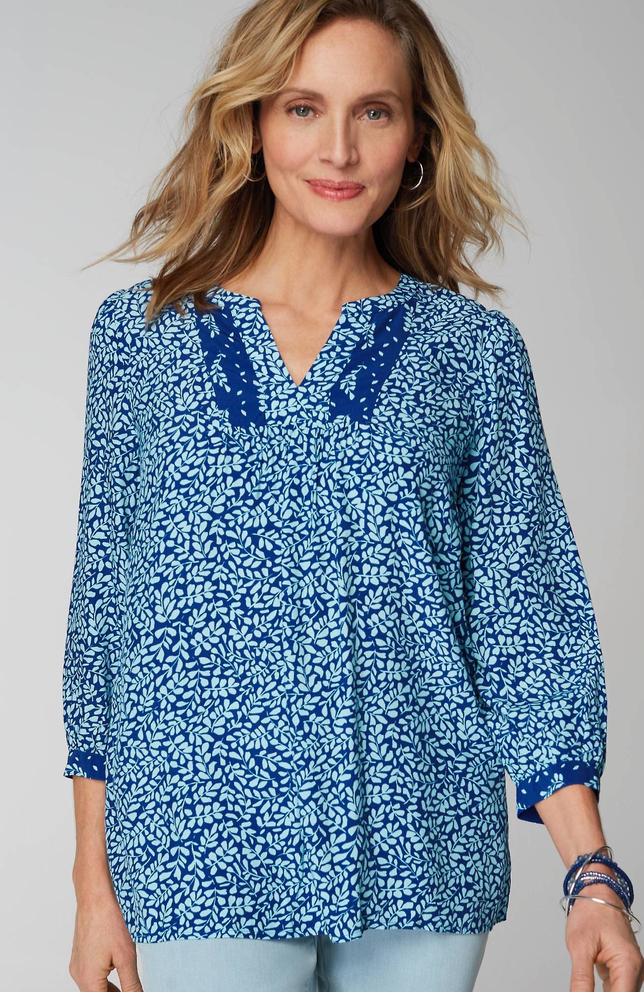 Shop Jjill J.jill Mixed-print A-line Popover In Sailor Blue Tossed Foliage Mix